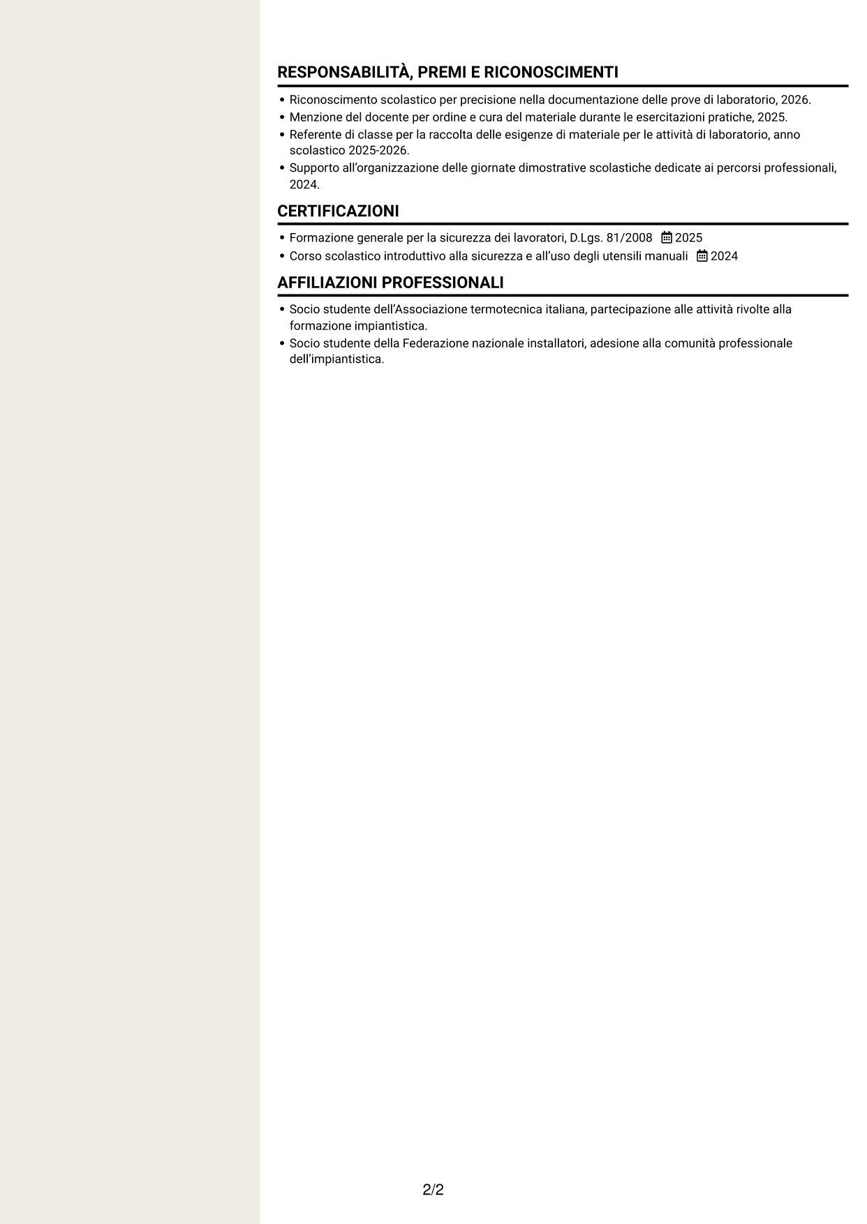 CV Intraprendente (formato a due colonne con intestazione centrata senza foto): Apprendista termoidraulico, pagina 2