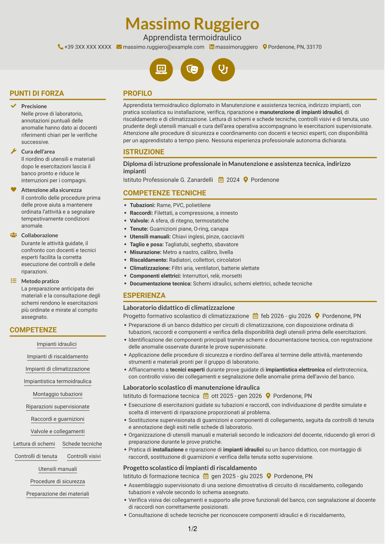 CV Dinamico (formato a due colonne con icone): Apprendista termoidraulico, pagina 1