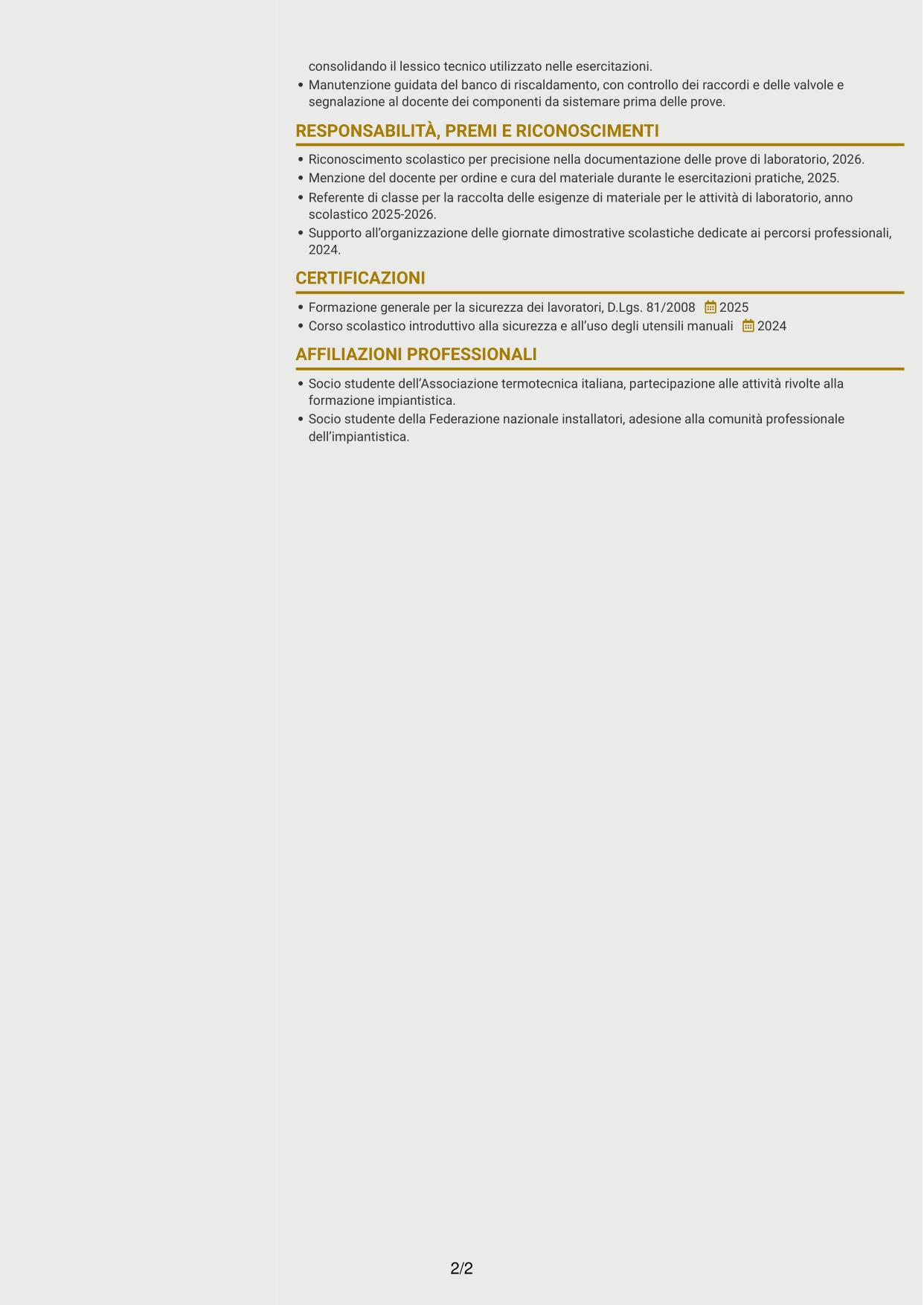CV Dinamico (formato a due colonne con icone): Apprendista termoidraulico, pagina 2