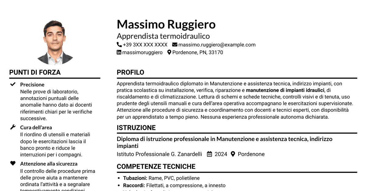 7 modelli di CV per Apprendista termoidraulico, con esempi