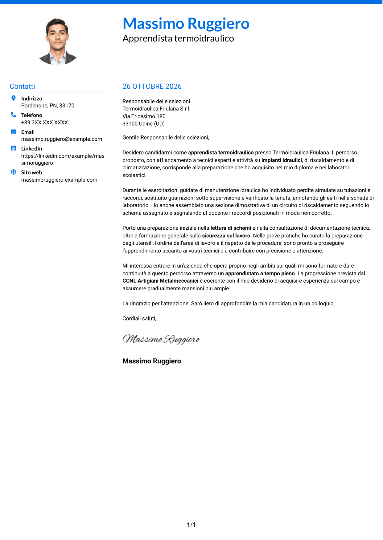 Lettera di presentazione Audace (formato a due colonne con accenti colorati e foto): Apprendista termoidraulico, pagina 1