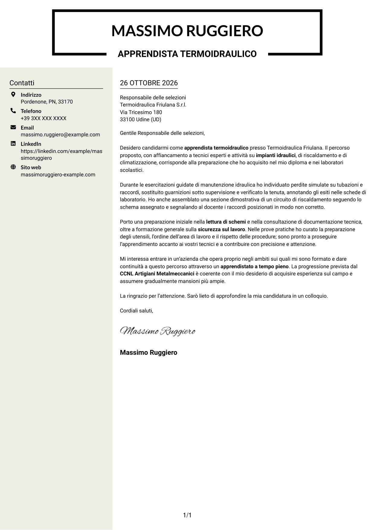 Lettera di presentazione Intraprendente (formato a due colonne con intestazione centrata senza foto): Apprendista termoidraulico, pagina 1