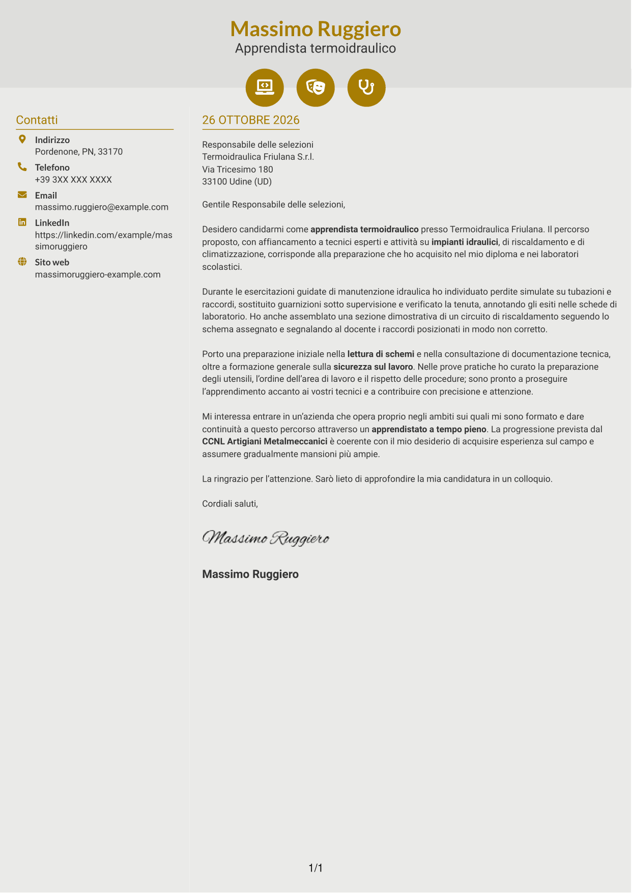 Lettera di presentazione Dinamico (formato a due colonne con icone): Apprendista termoidraulico, pagina 1