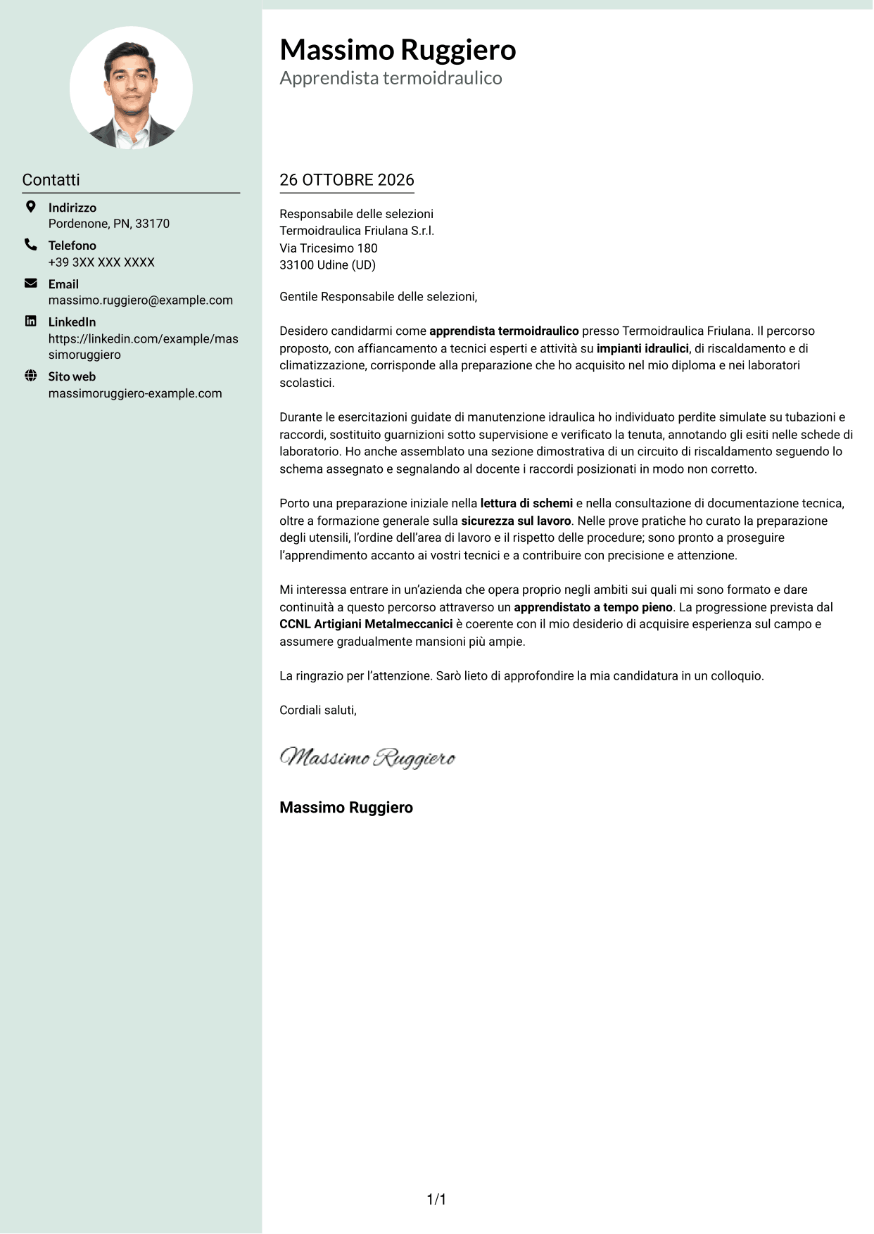 Lettera di presentazione Dirigente (formato con colonna laterale tenue e foto arrotondata): Apprendista termoidraulico, pagina 1