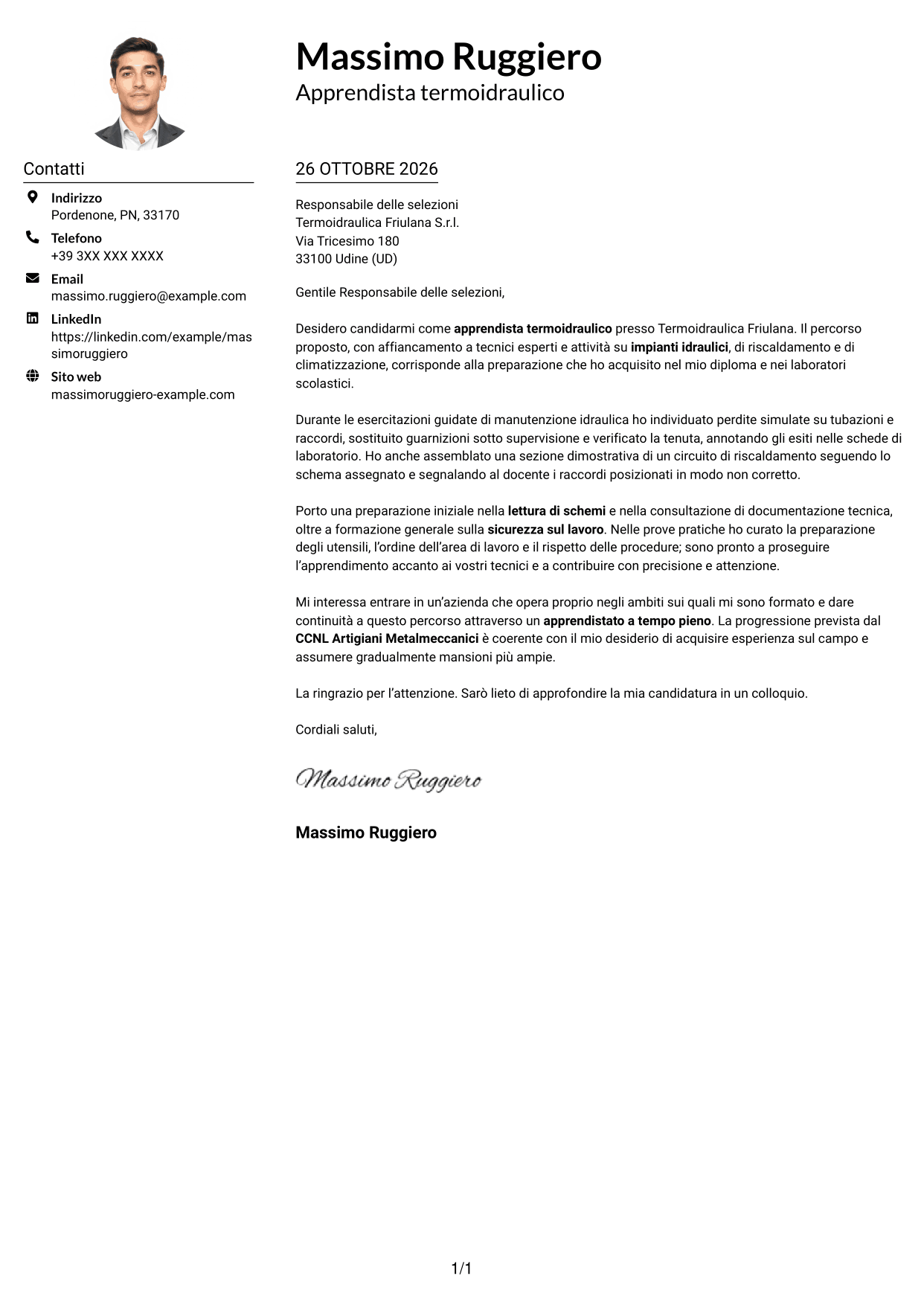 Esempio di lettera di presentazione — pagina 1