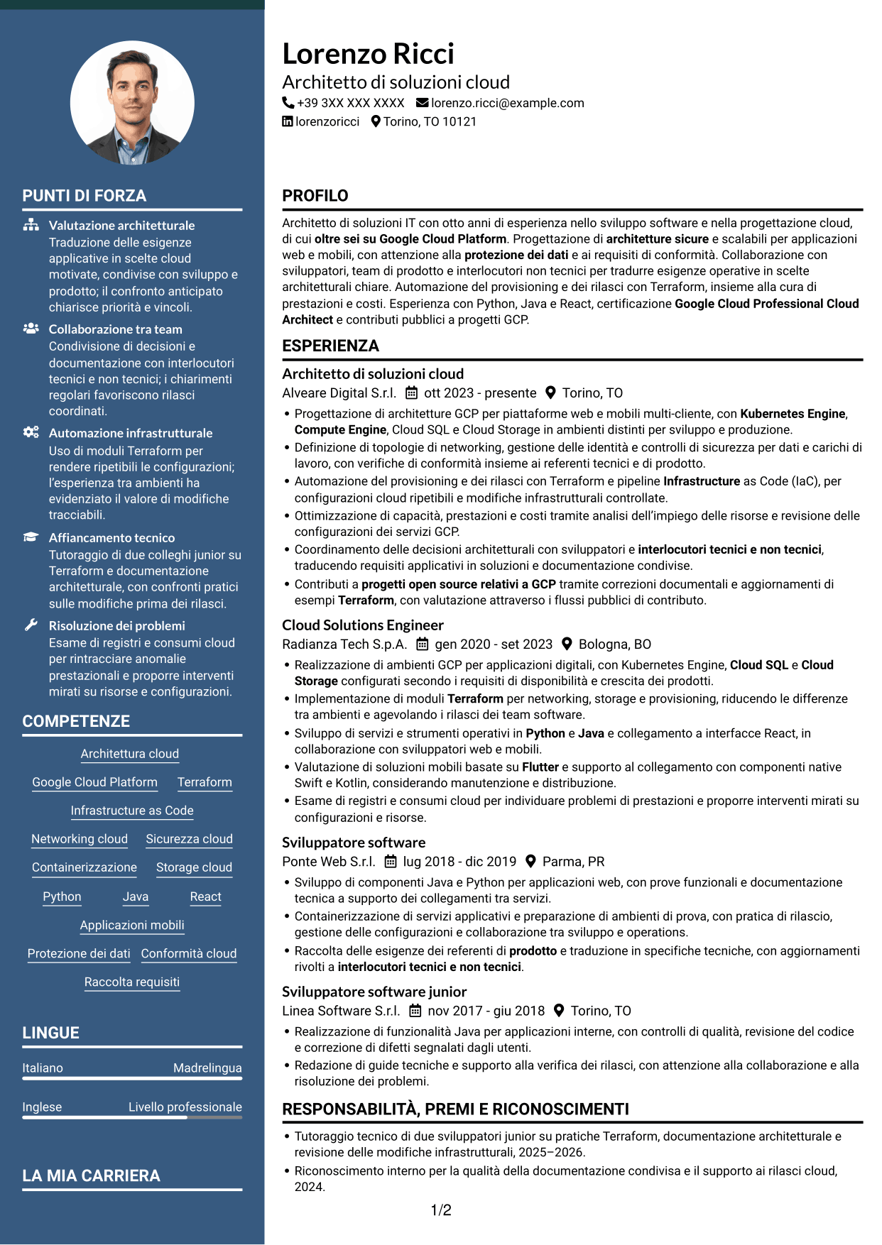 CV Elegante (formato con colonna laterale colorata e foto): Architetto di soluzioni IT - GCP, pagina 1