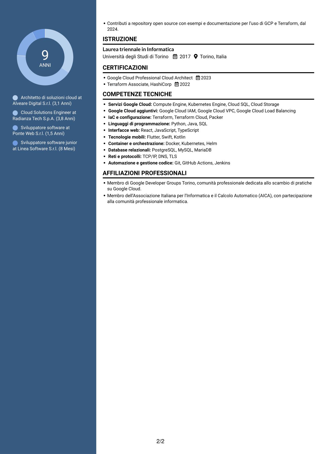 CV Elegante (formato con colonna laterale colorata e foto): Architetto di soluzioni IT - GCP, pagina 2