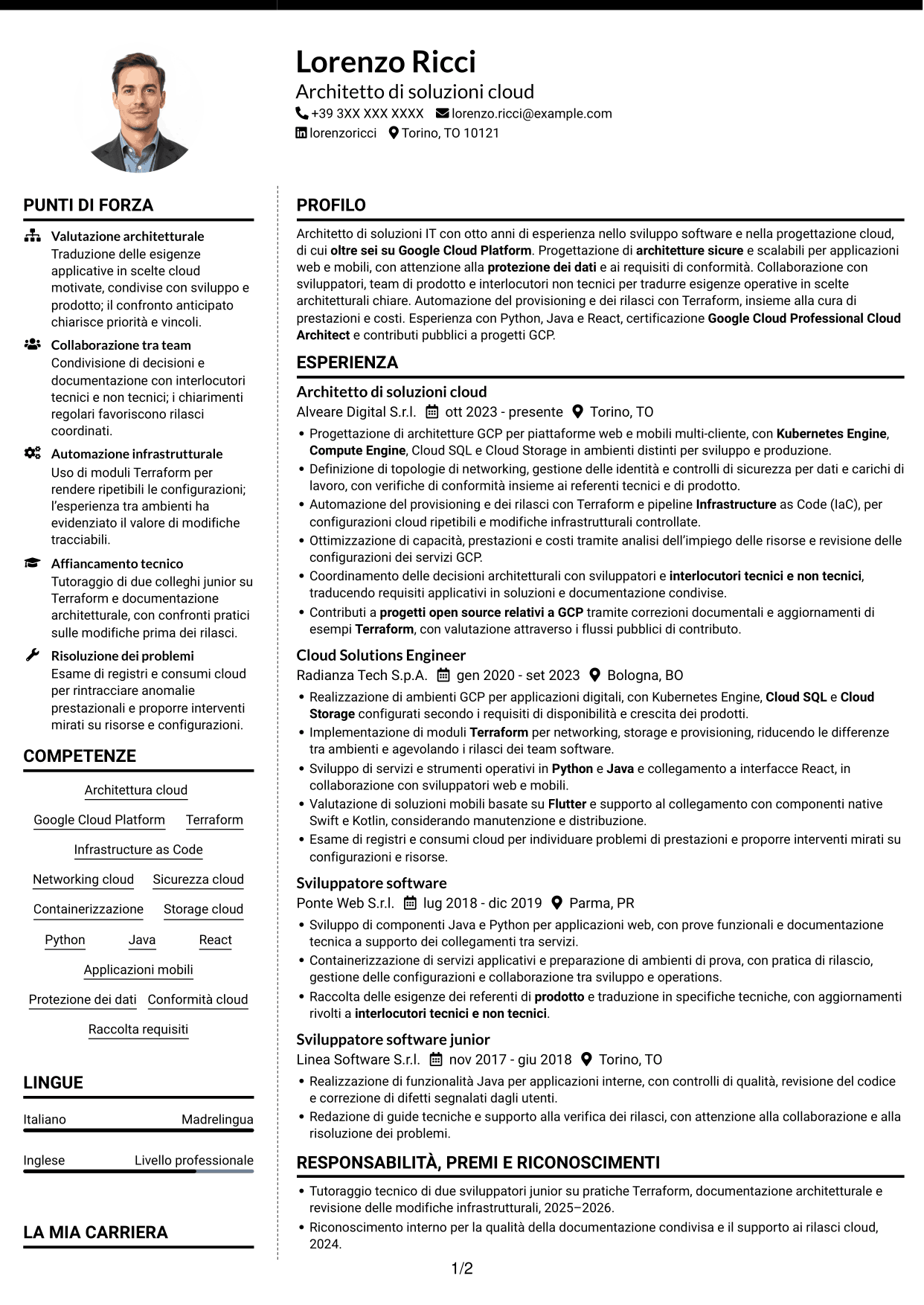 CV Moderno (formato a due colonne con foto a sinistra e separatore): Architetto di soluzioni IT - GCP, pagina 1