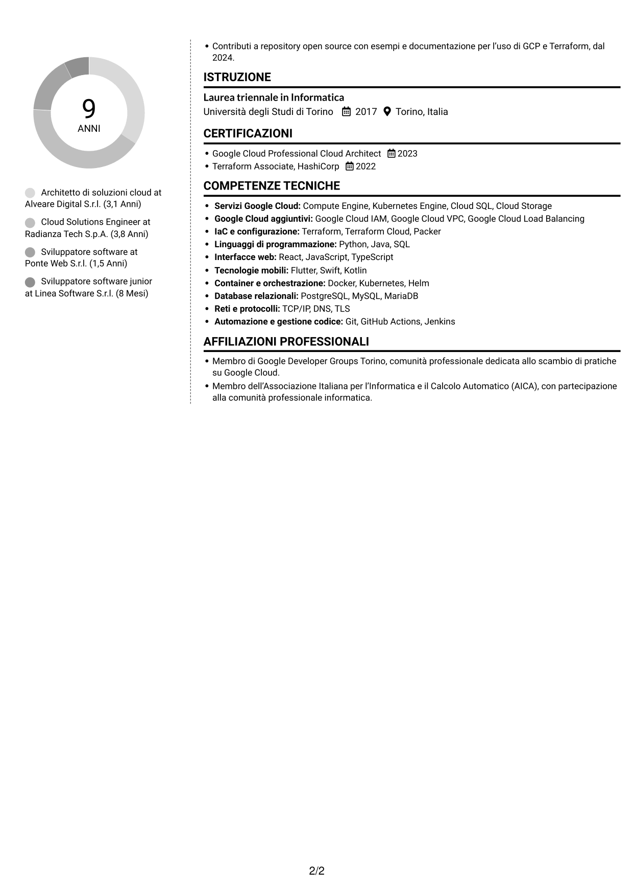 CV Moderno (formato a due colonne con foto a sinistra e separatore): Architetto di soluzioni IT - GCP, pagina 2