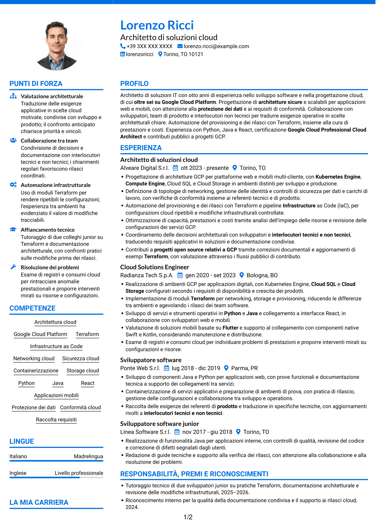 CV Audace (formato a due colonne con accenti colorati e foto): Architetto di soluzioni IT - GCP, pagina 1