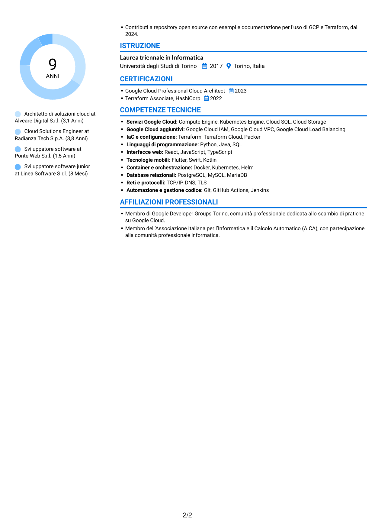 CV Audace (formato a due colonne con accenti colorati e foto): Architetto di soluzioni IT - GCP, pagina 2