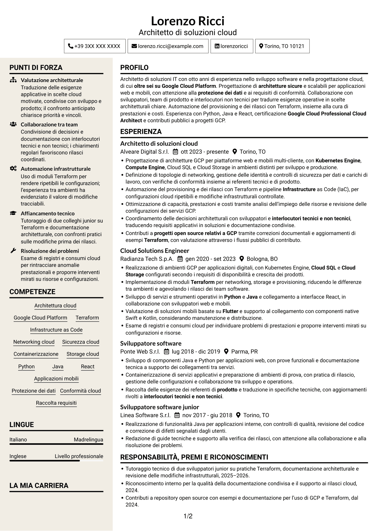 CV Intraprendente (formato a due colonne con intestazione centrata senza foto): Architetto di soluzioni IT - GCP, pagina 1