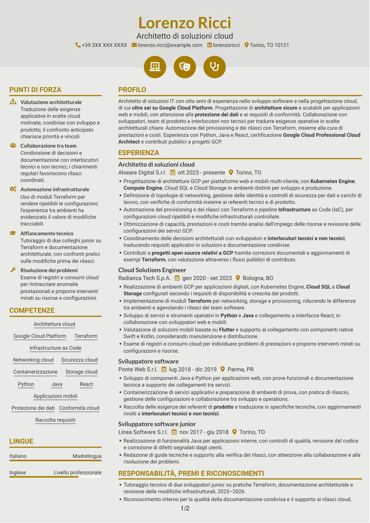 CV Dinamico (formato a due colonne con icone): Architetto di soluzioni IT - GCP, pagina 1