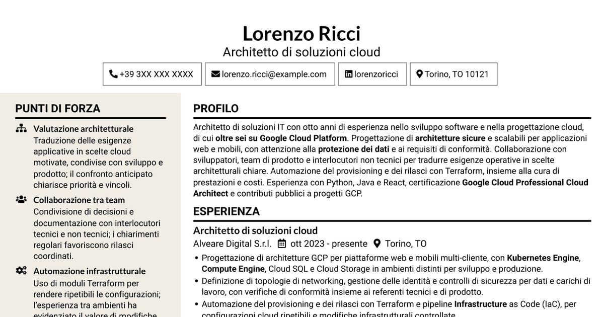 7 modelli di CV per Architetto di soluzioni IT - GCP, con esempi