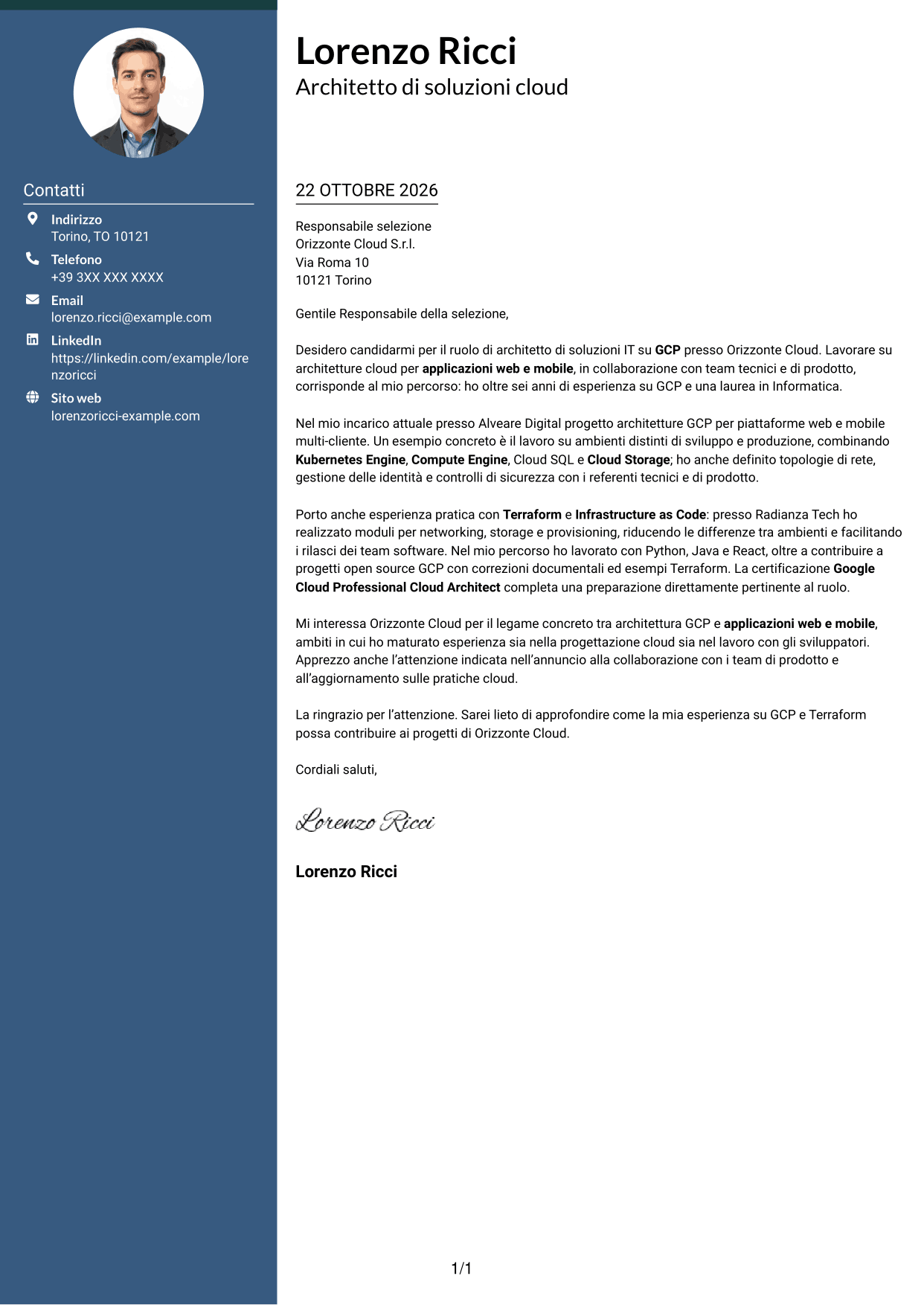 Lettera di presentazione Elegante (formato con colonna laterale colorata e foto): Architetto di soluzioni IT - GCP, pagina 1