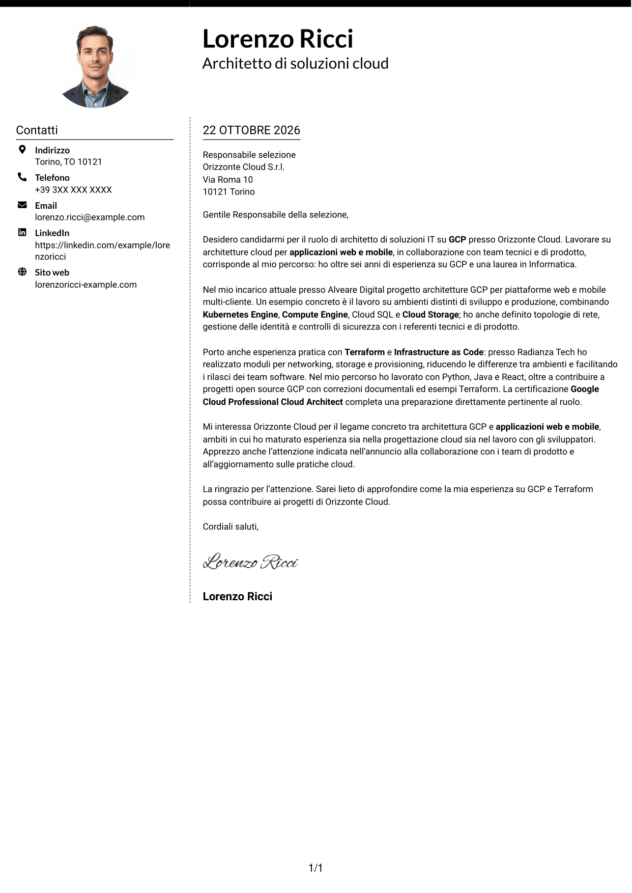 Lettera di presentazione Moderno (formato a due colonne con foto a sinistra e separatore): Architetto di soluzioni IT - GCP, pagina 1