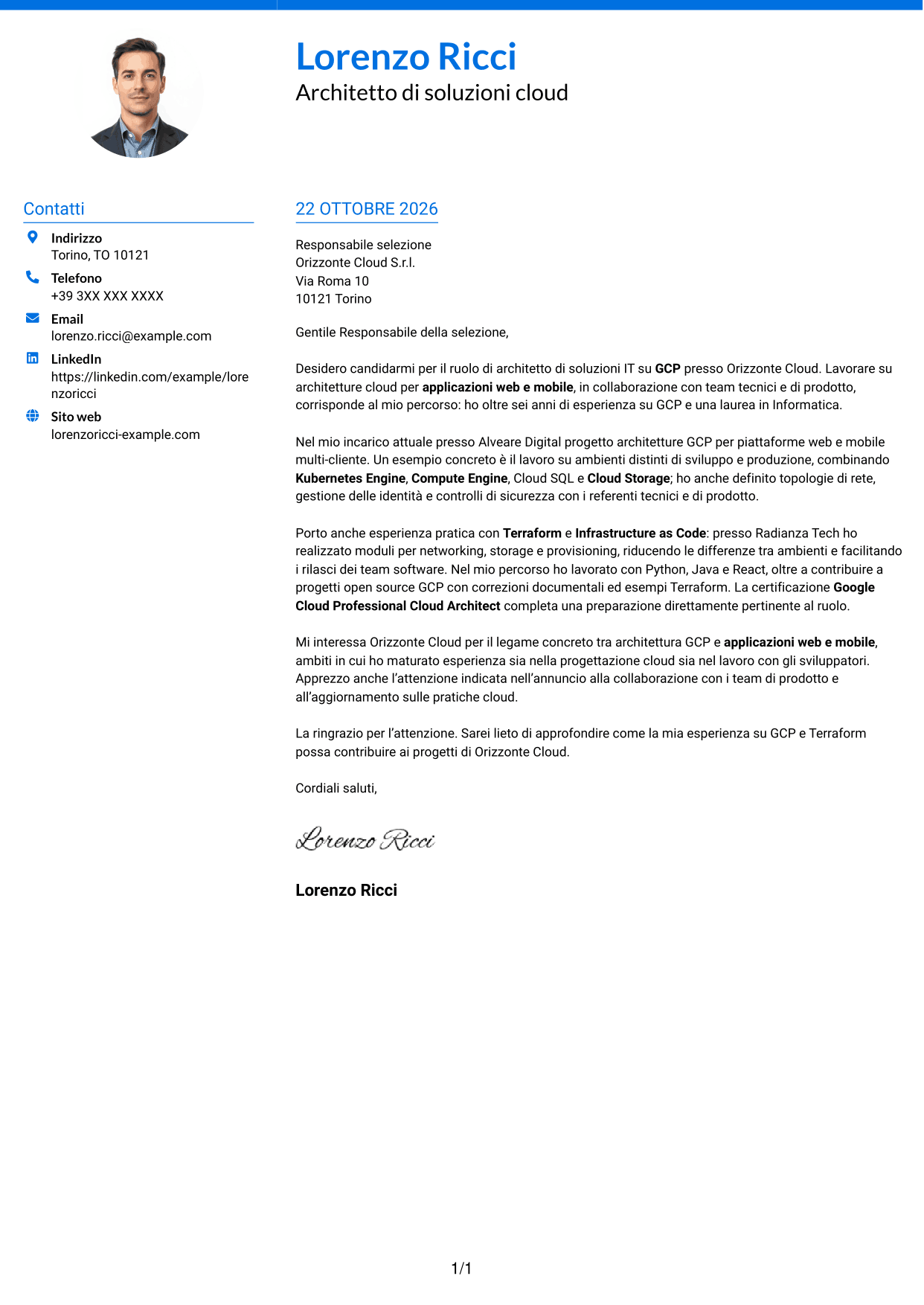 Lettera di presentazione Audace (formato a due colonne con accenti colorati e foto): Architetto di soluzioni IT - GCP, pagina 1
