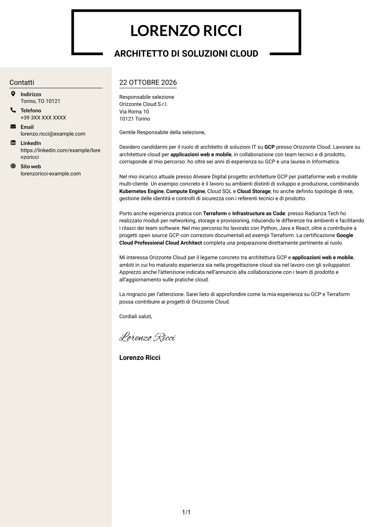 Lettera di presentazione Intraprendente (formato a due colonne con intestazione centrata senza foto): Architetto di soluzioni IT - GCP, pagina 1