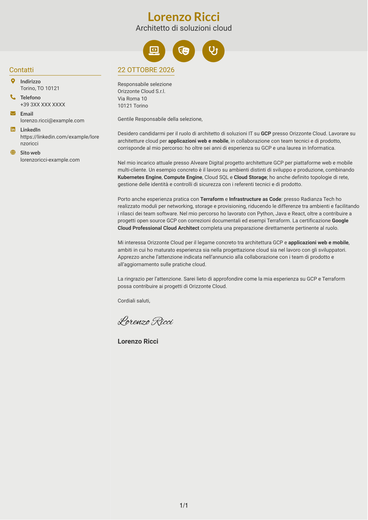 Lettera di presentazione Dinamico (formato a due colonne con icone): Architetto di soluzioni IT - GCP, pagina 1