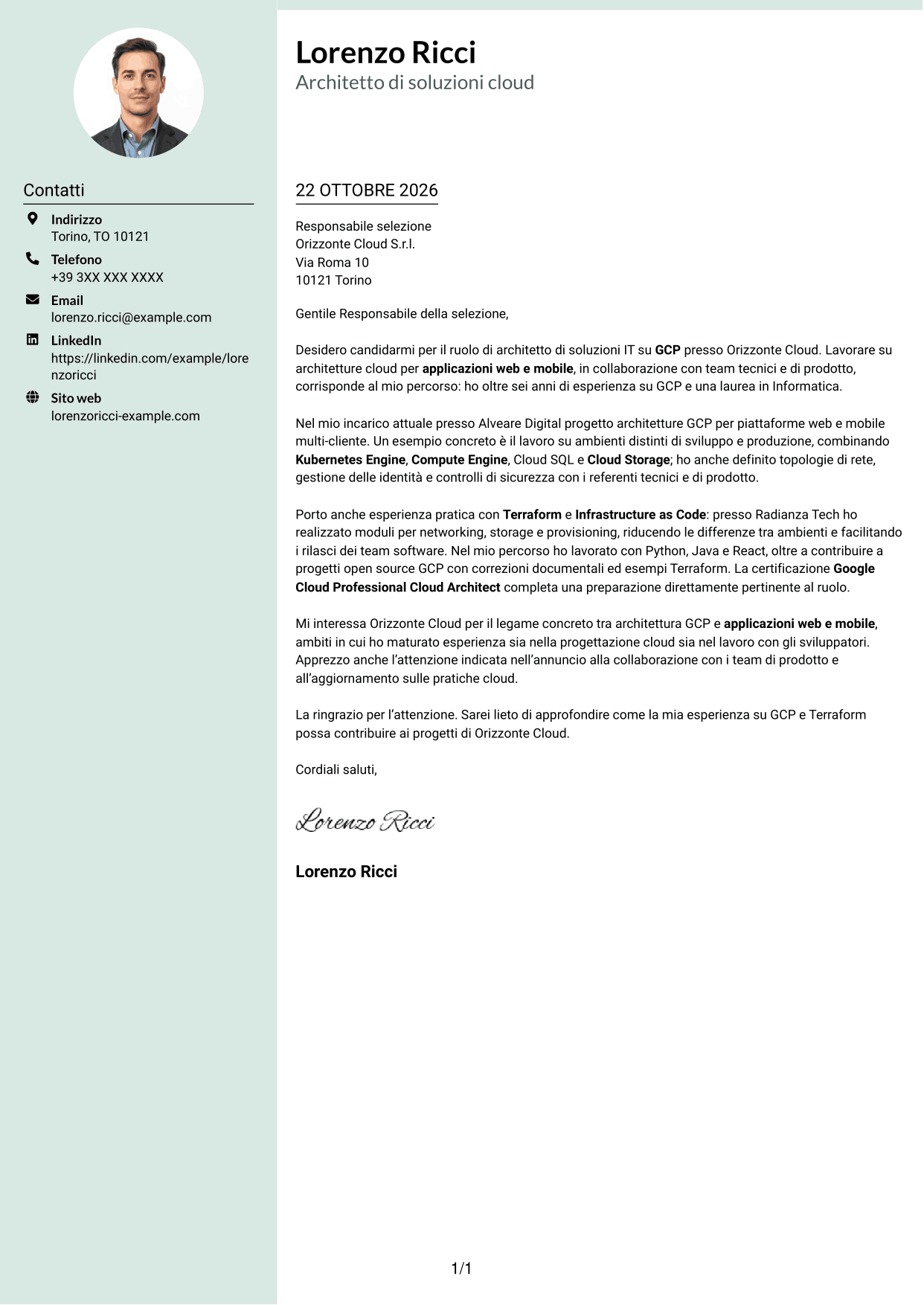 Lettera di presentazione Dirigente (formato con colonna laterale tenue e foto arrotondata): Architetto di soluzioni IT - GCP, pagina 1