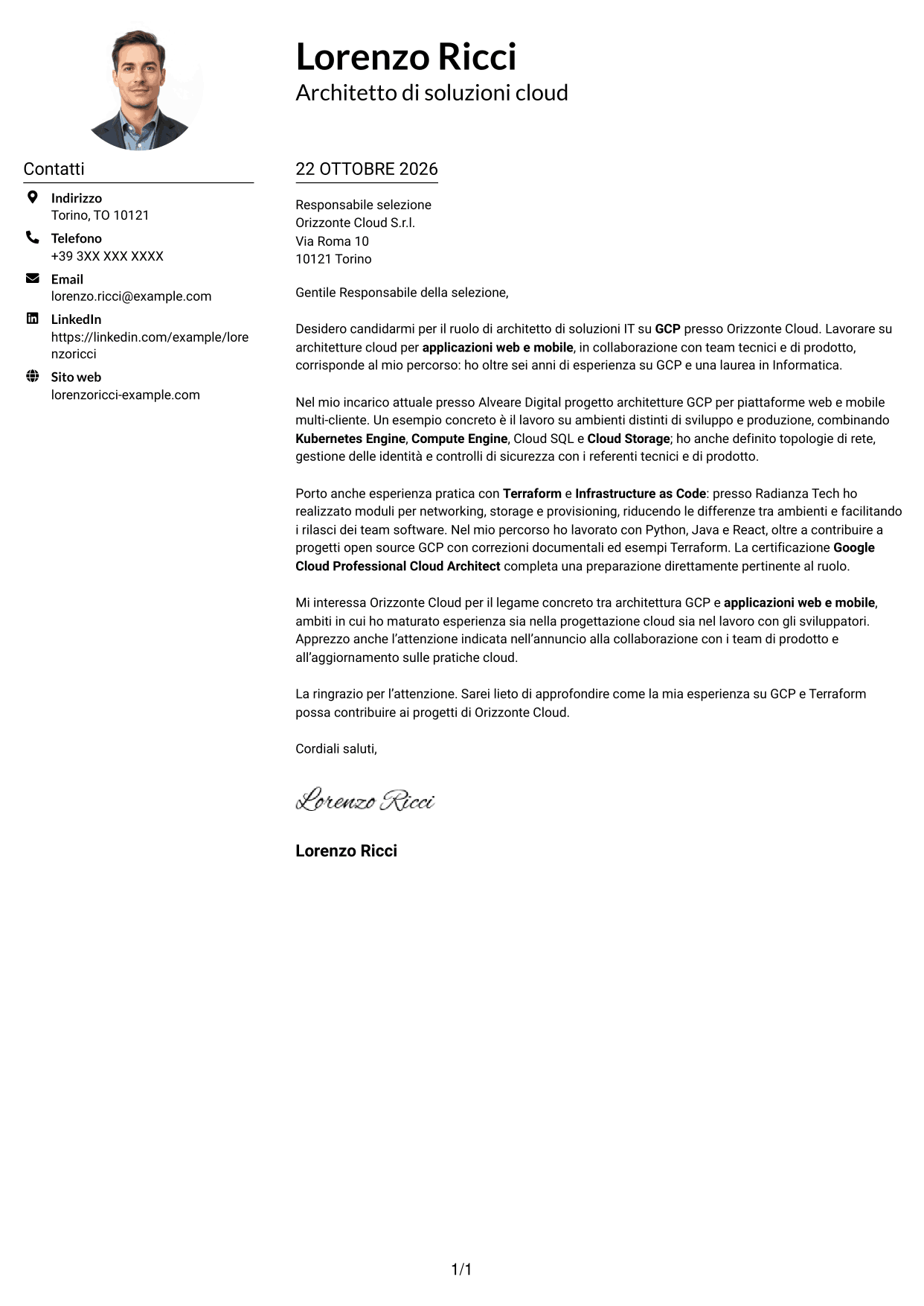 Esempio di lettera di presentazione — pagina 1