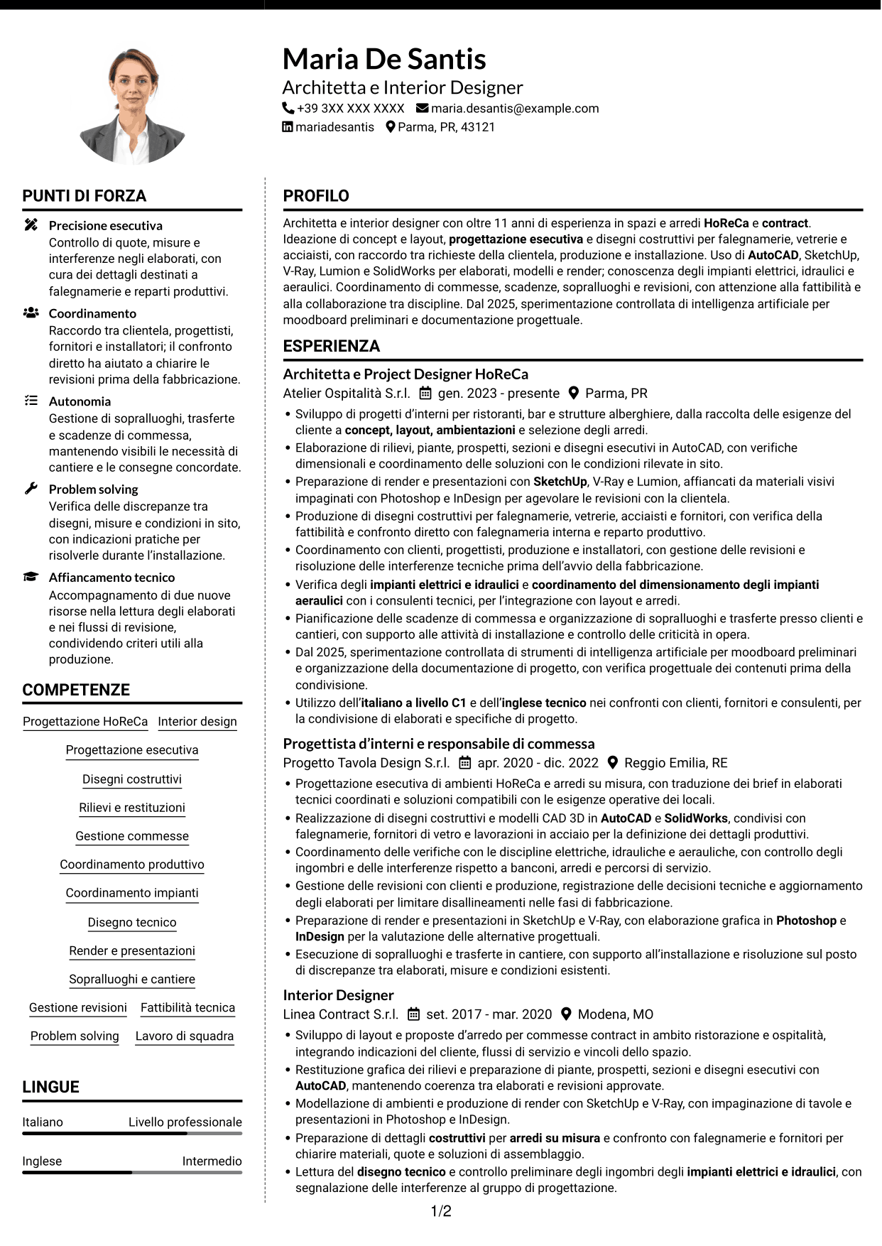 CV Moderno (formato a due colonne con foto a sinistra e separatore): Architetto / Interior Designer - Progettazione HoReCa, pagina 1