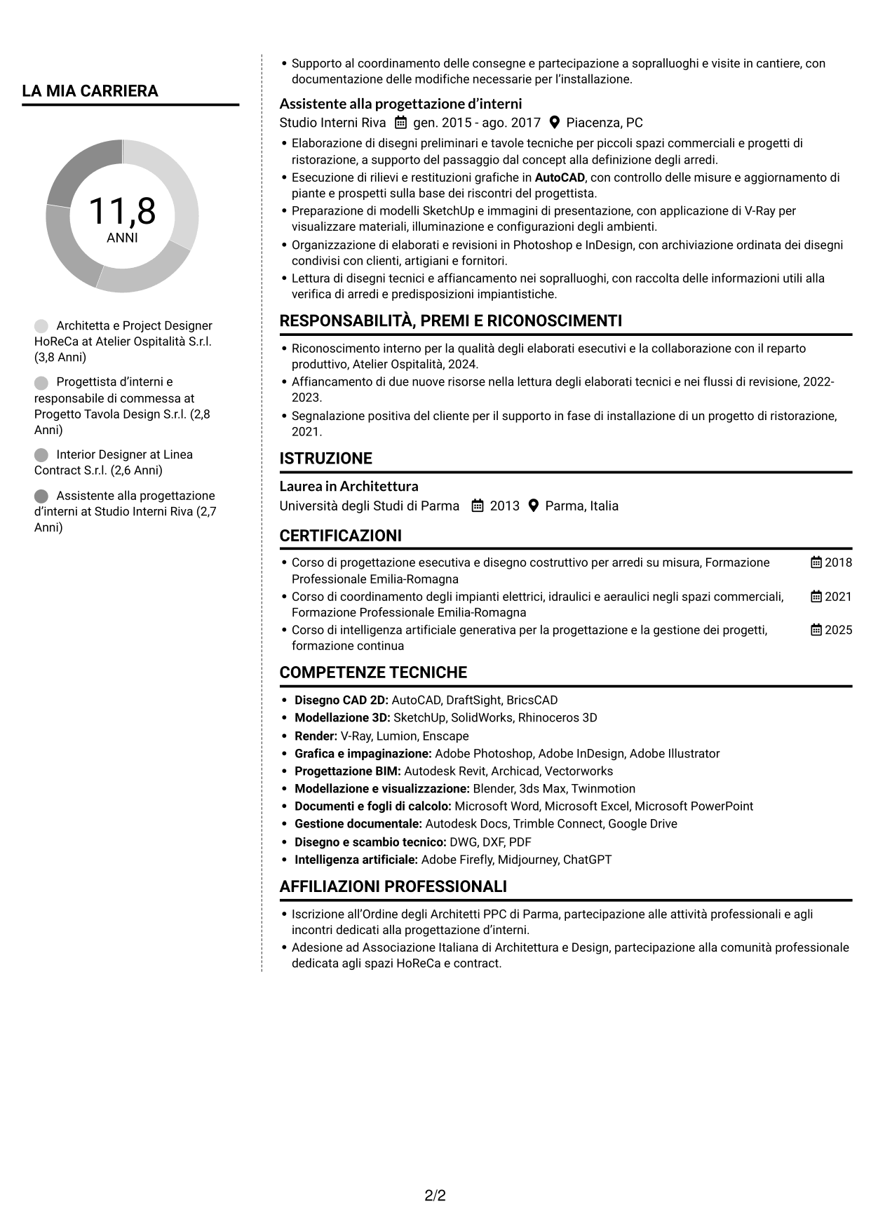 CV Moderno (formato a due colonne con foto a sinistra e separatore): Architetto / Interior Designer - Progettazione HoReCa, pagina 2