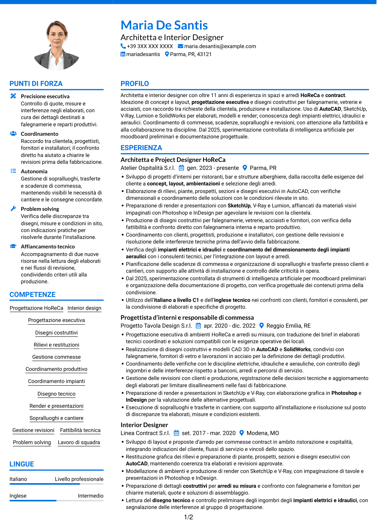 CV Audace (formato a due colonne con accenti colorati e foto): Architetto / Interior Designer - Progettazione HoReCa, pagina 1