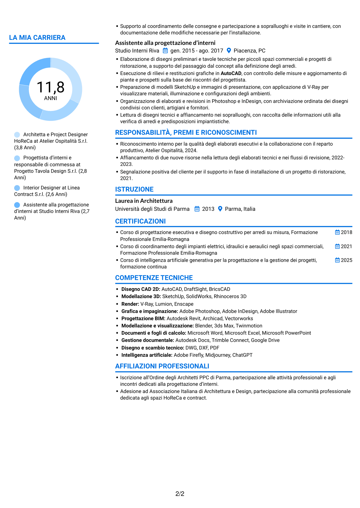 CV Audace (formato a due colonne con accenti colorati e foto): Architetto / Interior Designer - Progettazione HoReCa, pagina 2