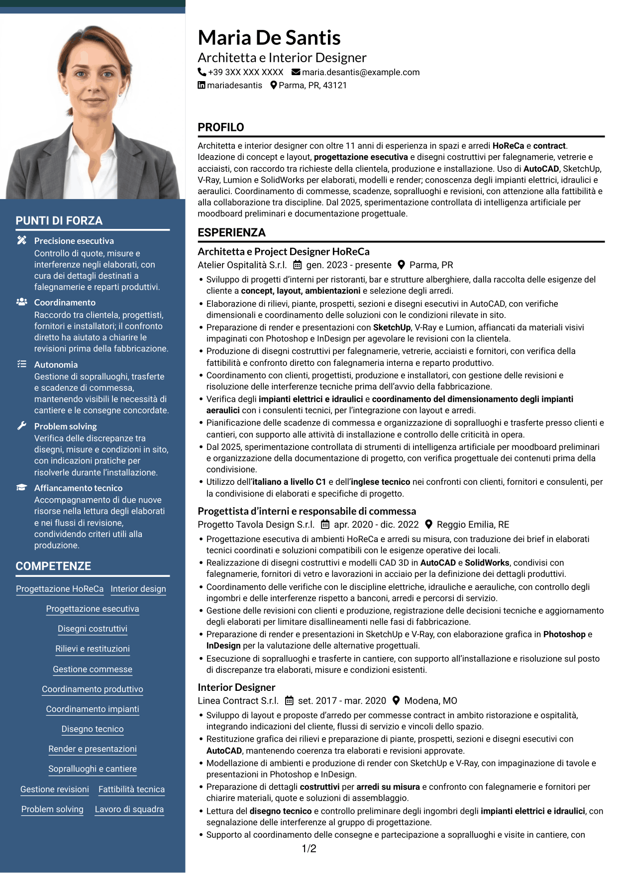 CV Signature (formato con colonna laterale colorata e foto grande): Architetto / Interior Designer - Progettazione HoReCa, pagina 1