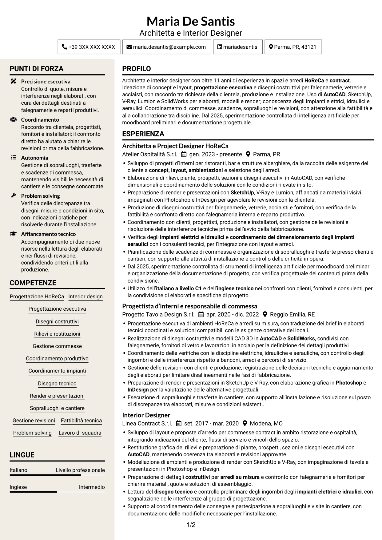 CV Intraprendente (formato a due colonne con intestazione centrata senza foto): Architetto / Interior Designer - Progettazione HoReCa, pagina 1