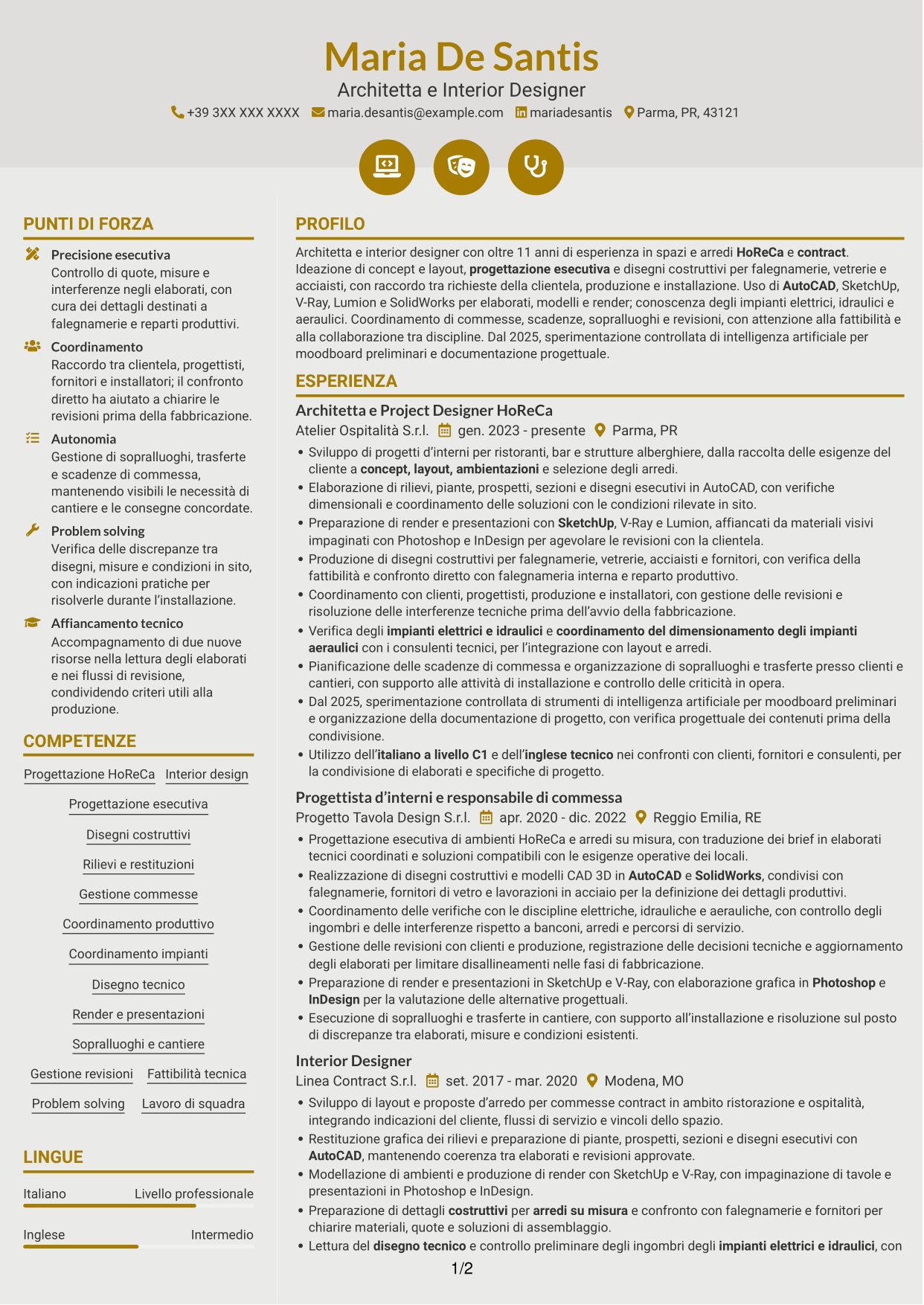 CV Dinamico (formato a due colonne con icone): Architetto / Interior Designer - Progettazione HoReCa, pagina 1
