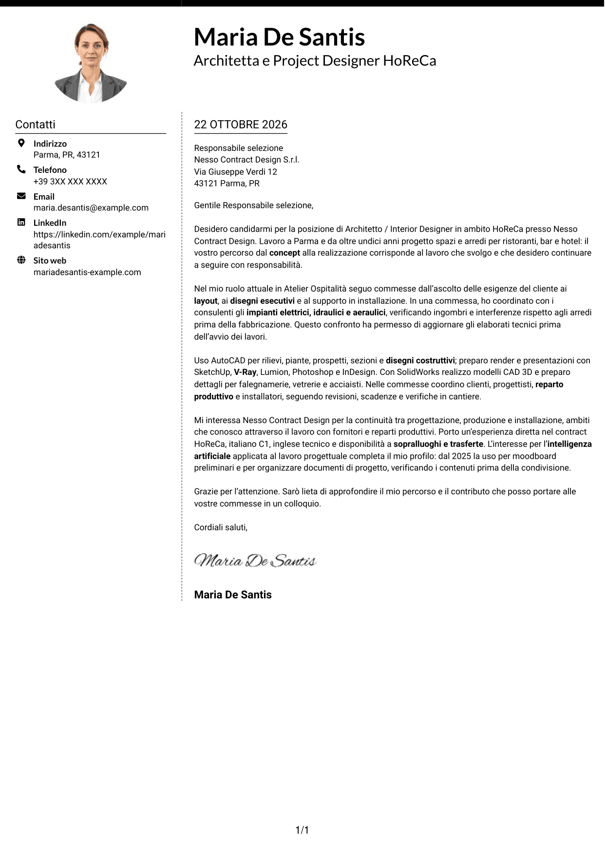 Lettera di presentazione Moderno (formato a due colonne con foto a sinistra e separatore): Architetto / Interior Designer - Progettazione HoReCa, pagina 1