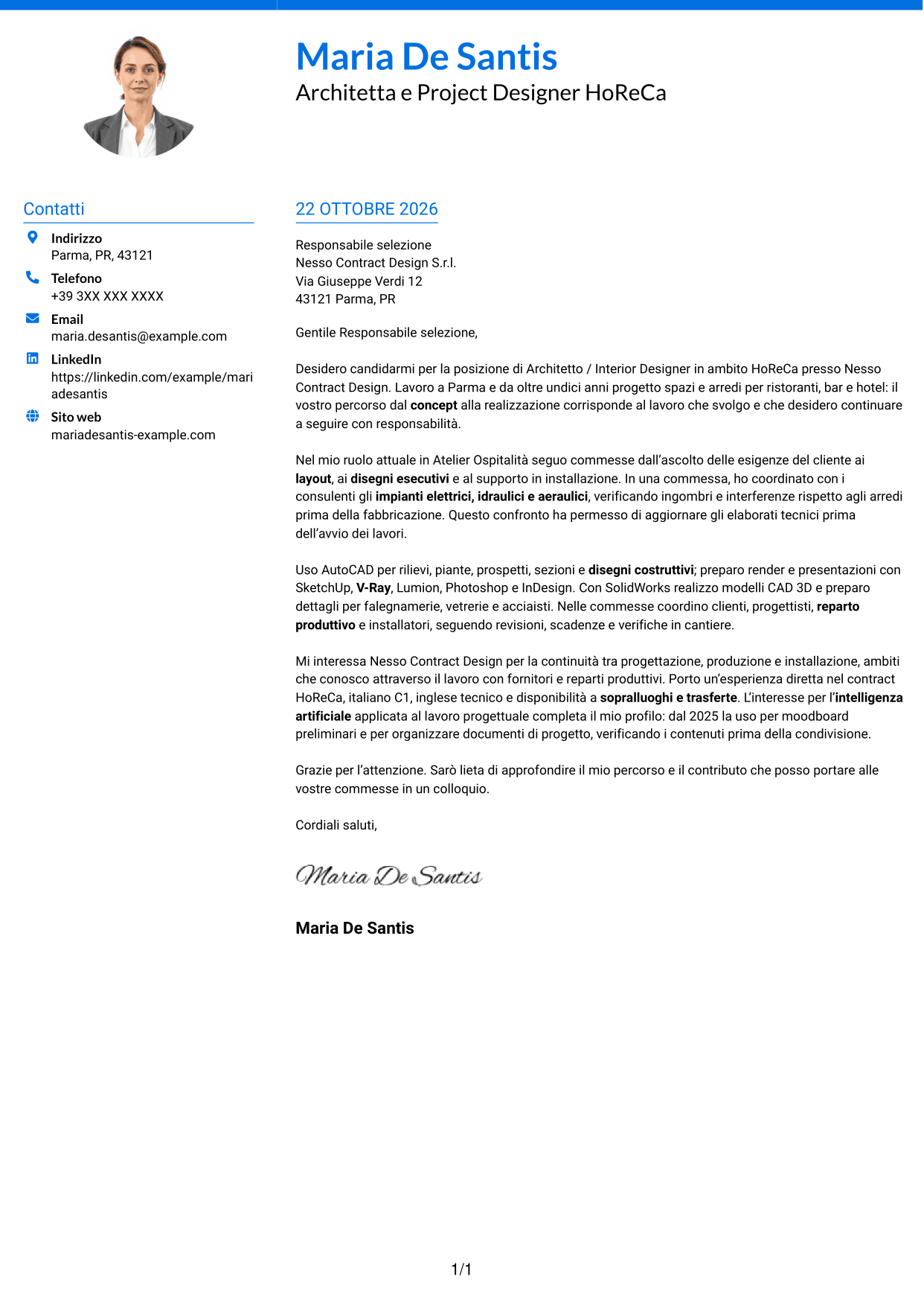 Lettera di presentazione Audace (formato a due colonne con accenti colorati e foto): Architetto / Interior Designer - Progettazione HoReCa, pagina 1