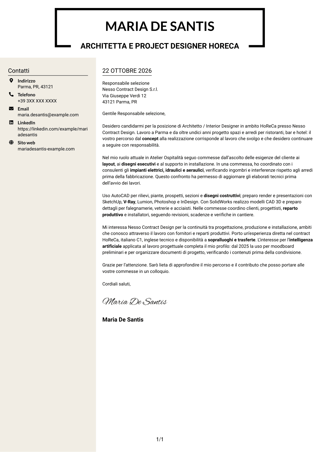 Lettera di presentazione Intraprendente (formato a due colonne con intestazione centrata senza foto): Architetto / Interior Designer - Progettazione HoReCa, pagina 1