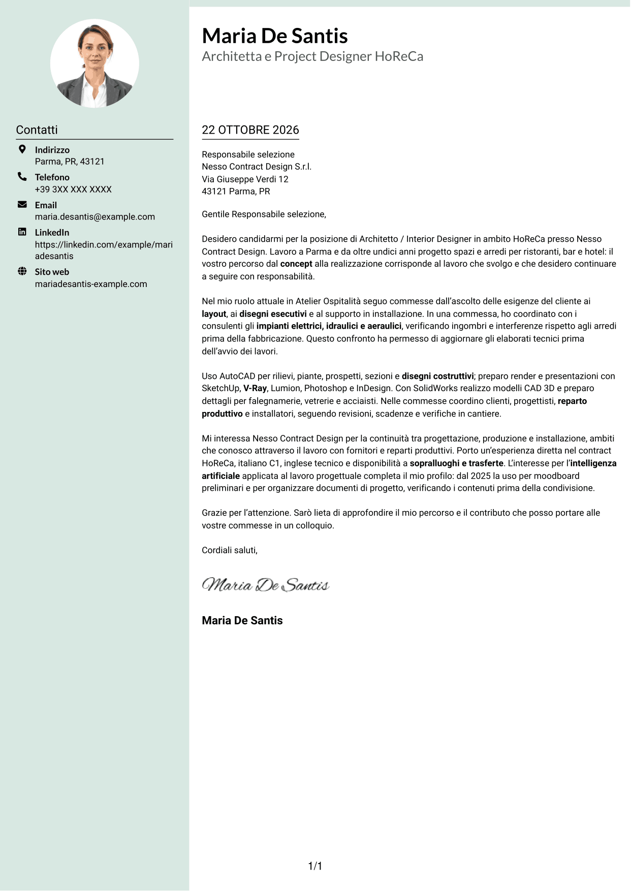 Lettera di presentazione Dirigente (formato con colonna laterale tenue e foto arrotondata): Architetto / Interior Designer - Progettazione HoReCa, pagina 1