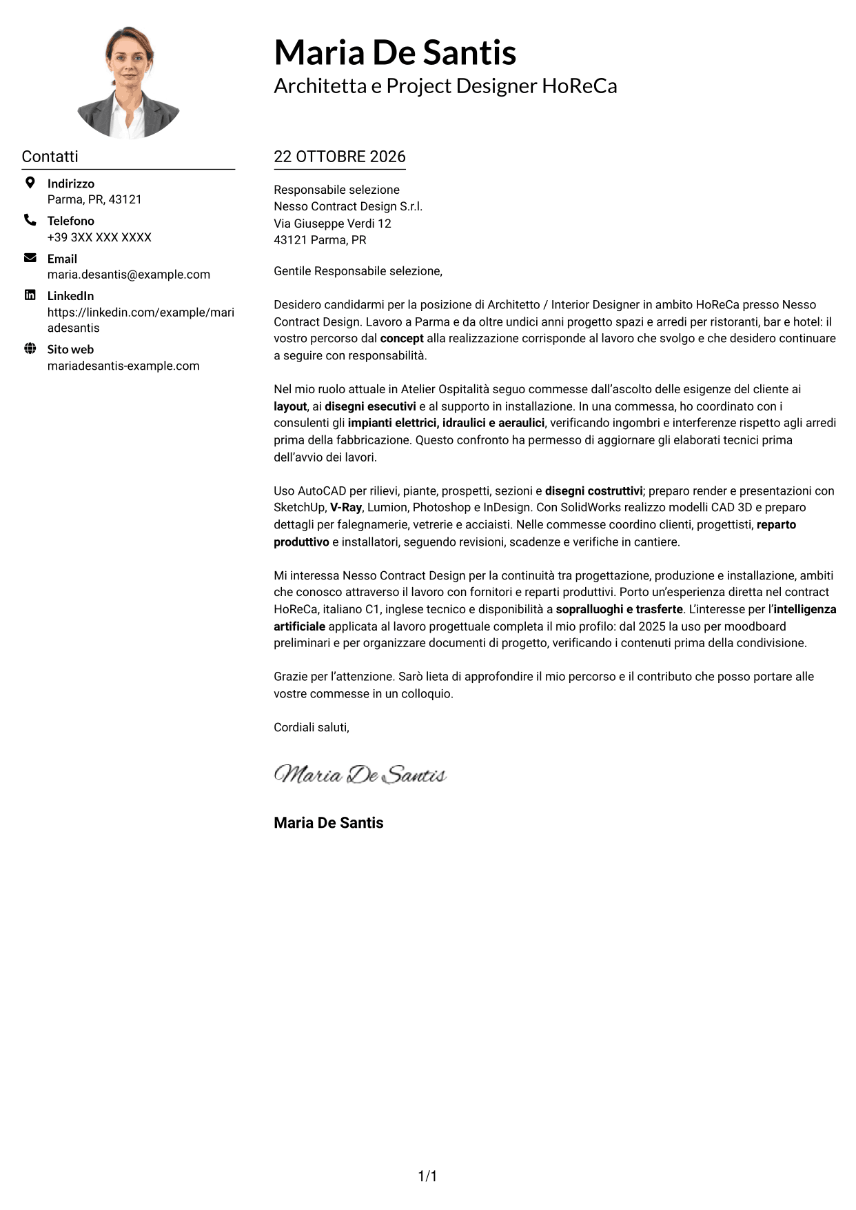 Esempio di lettera di presentazione — pagina 1