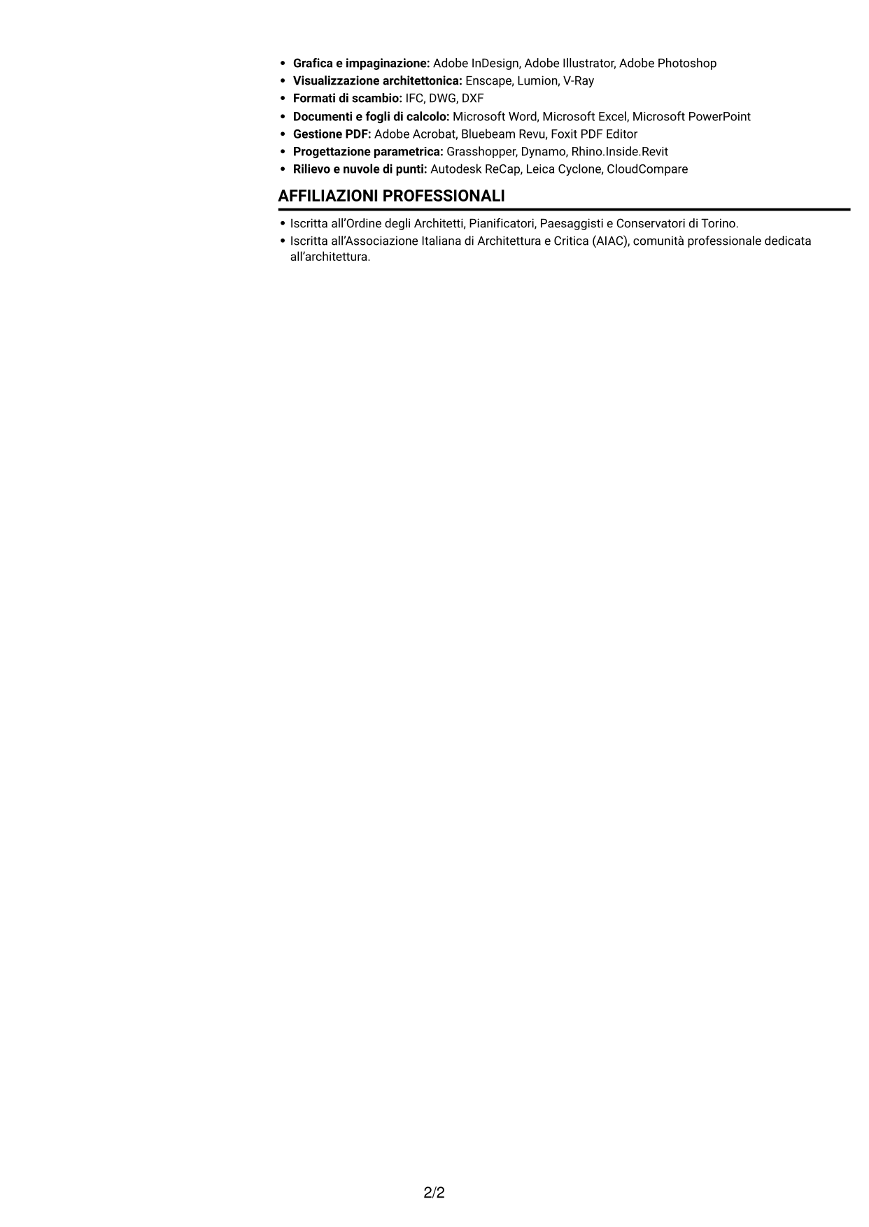 CV Compatto (formato sobrio a due colonne con foto): Architetto Junior - Facciate e rivestimenti, pagina 2