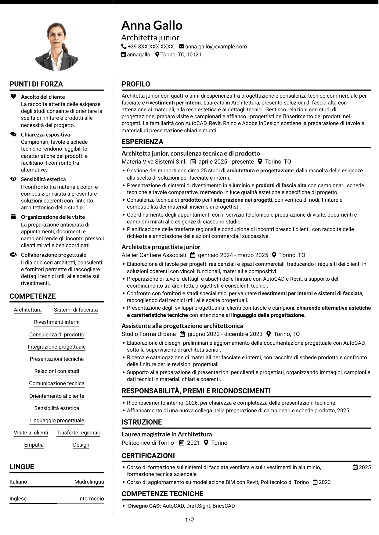 CV Moderno (formato a due colonne con foto a sinistra e separatore): Architetto Junior - Facciate e rivestimenti, pagina 1