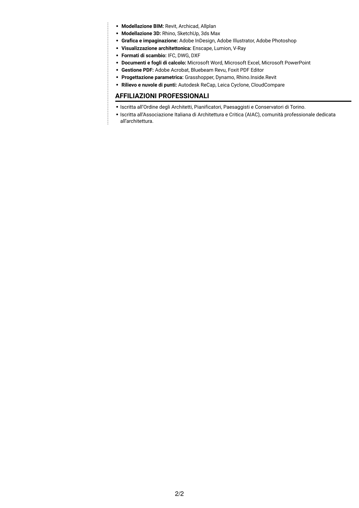 CV Moderno (formato a due colonne con foto a sinistra e separatore): Architetto Junior - Facciate e rivestimenti, pagina 2