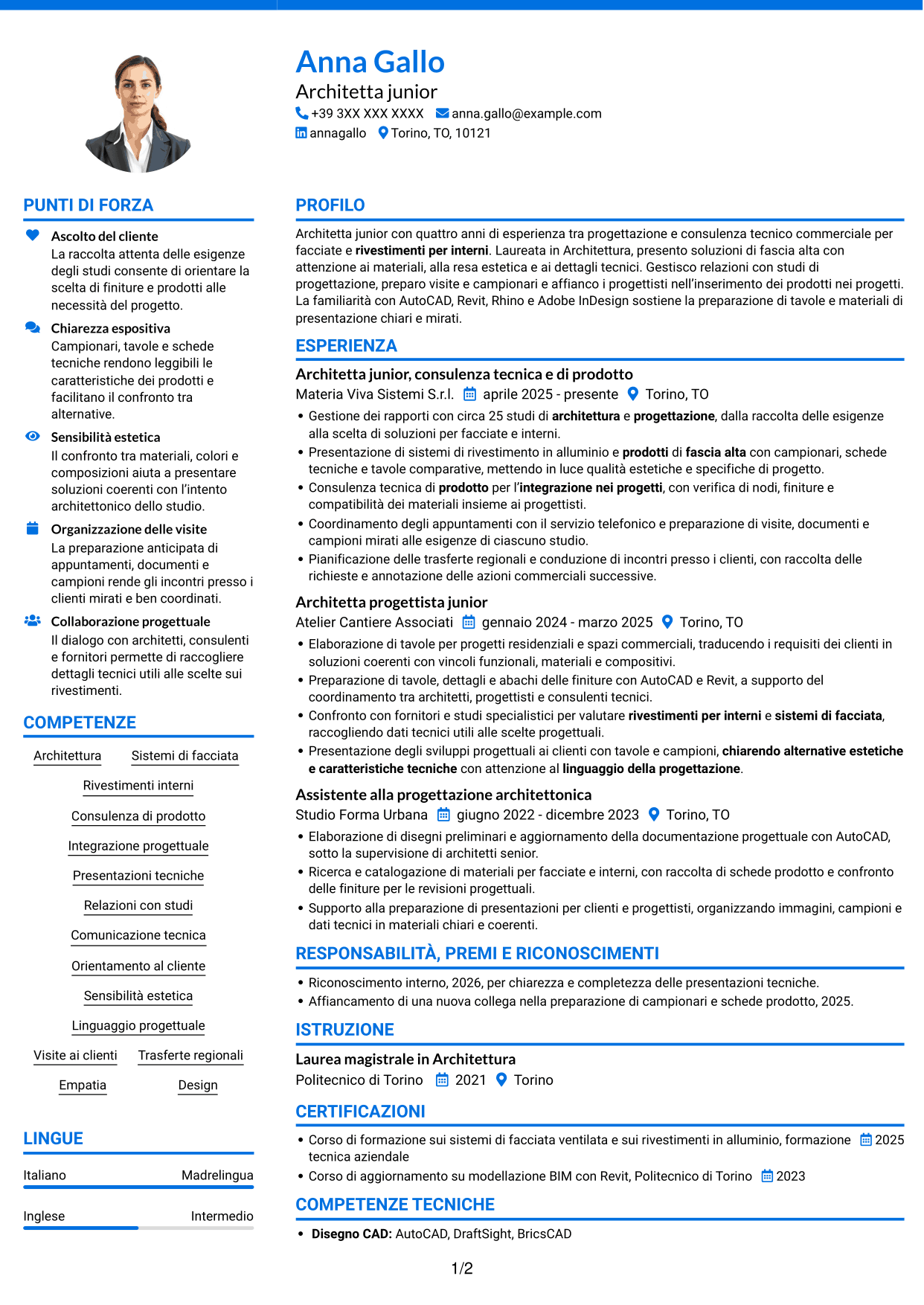 CV Audace (formato a due colonne con accenti colorati e foto): Architetto Junior - Facciate e rivestimenti, pagina 1