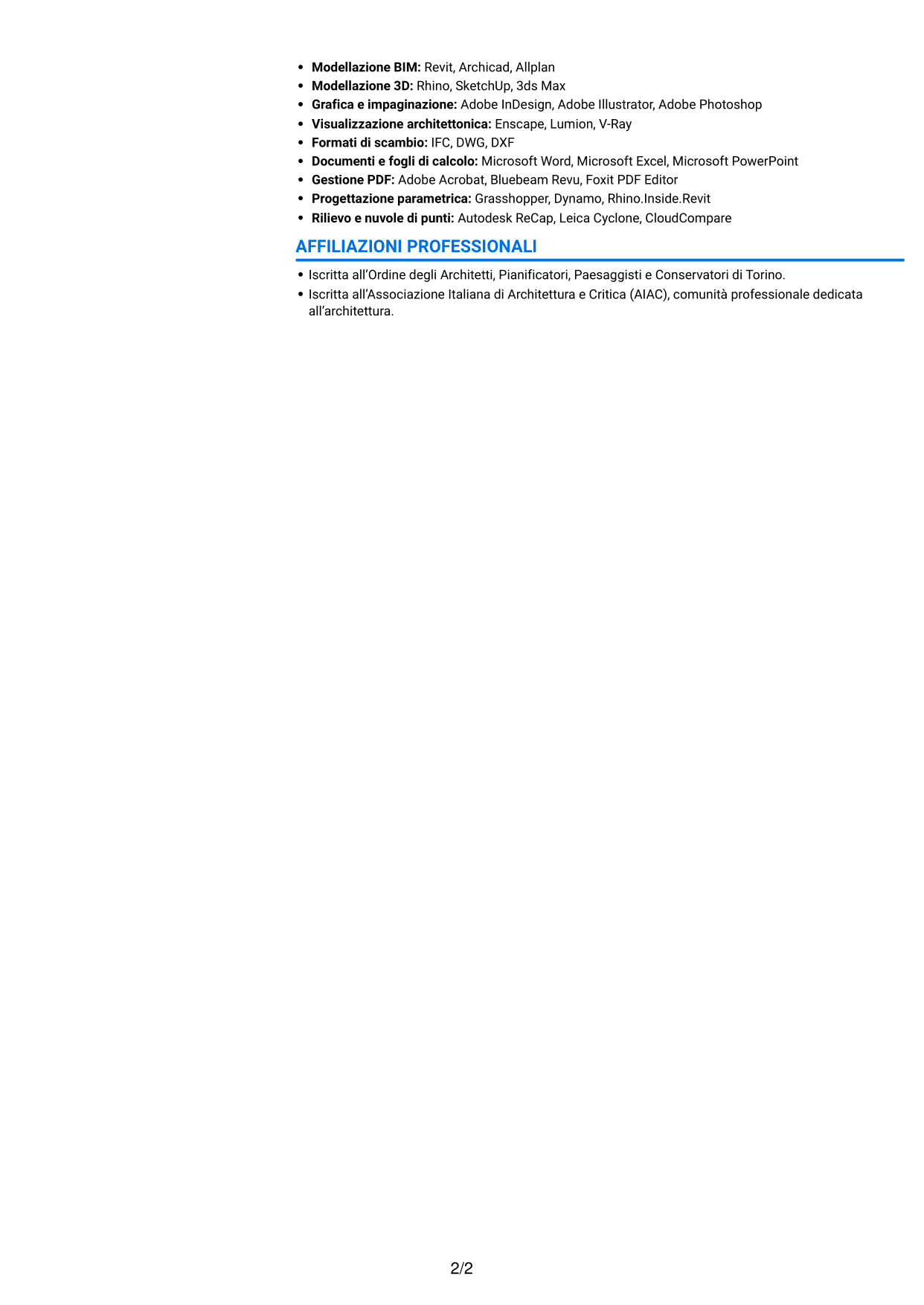 CV Audace (formato a due colonne con accenti colorati e foto): Architetto Junior - Facciate e rivestimenti, pagina 2