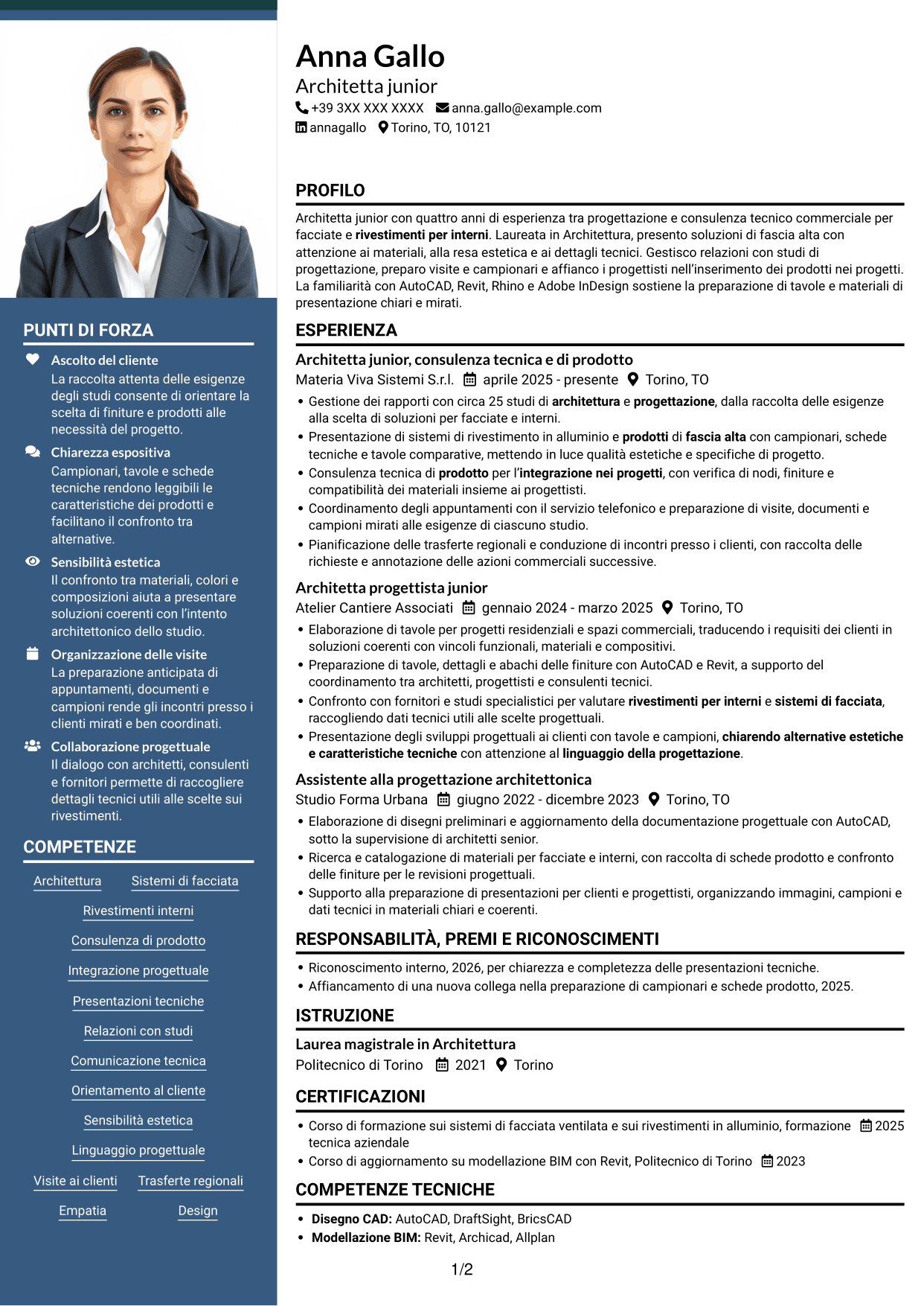 CV Signature (formato con colonna laterale colorata e foto grande): Architetto Junior - Facciate e rivestimenti, pagina 1