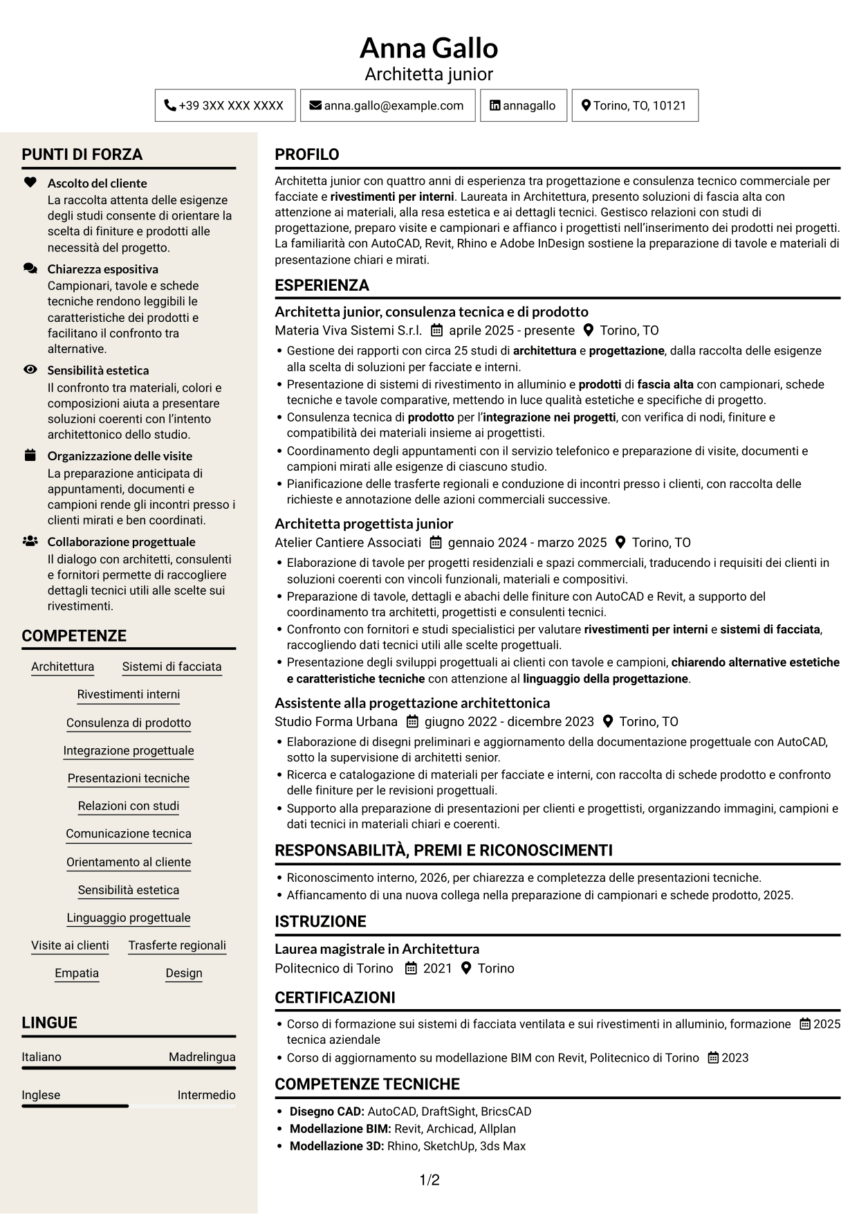 CV Intraprendente (formato a due colonne con intestazione centrata senza foto): Architetto Junior - Facciate e rivestimenti, pagina 1