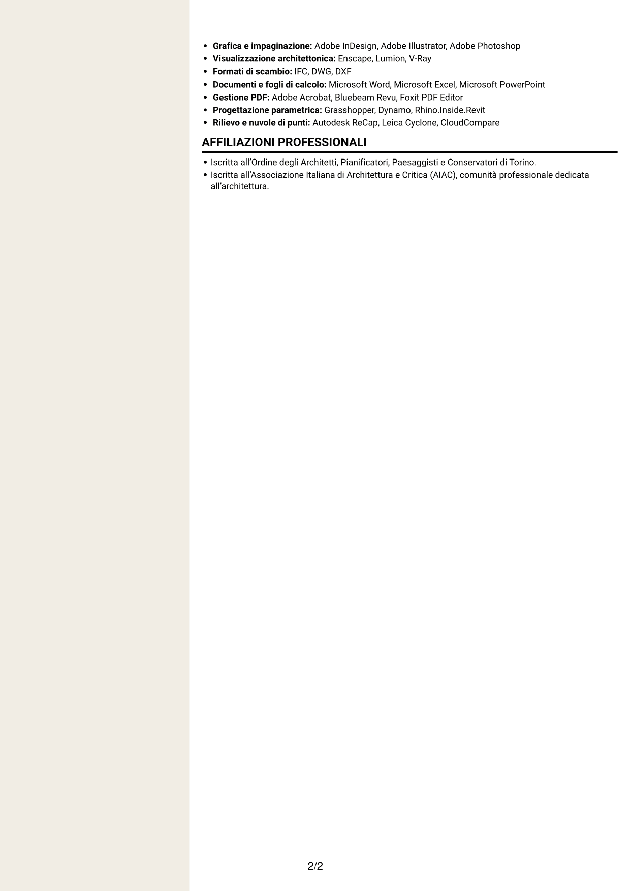 CV Intraprendente (formato a due colonne con intestazione centrata senza foto): Architetto Junior - Facciate e rivestimenti, pagina 2
