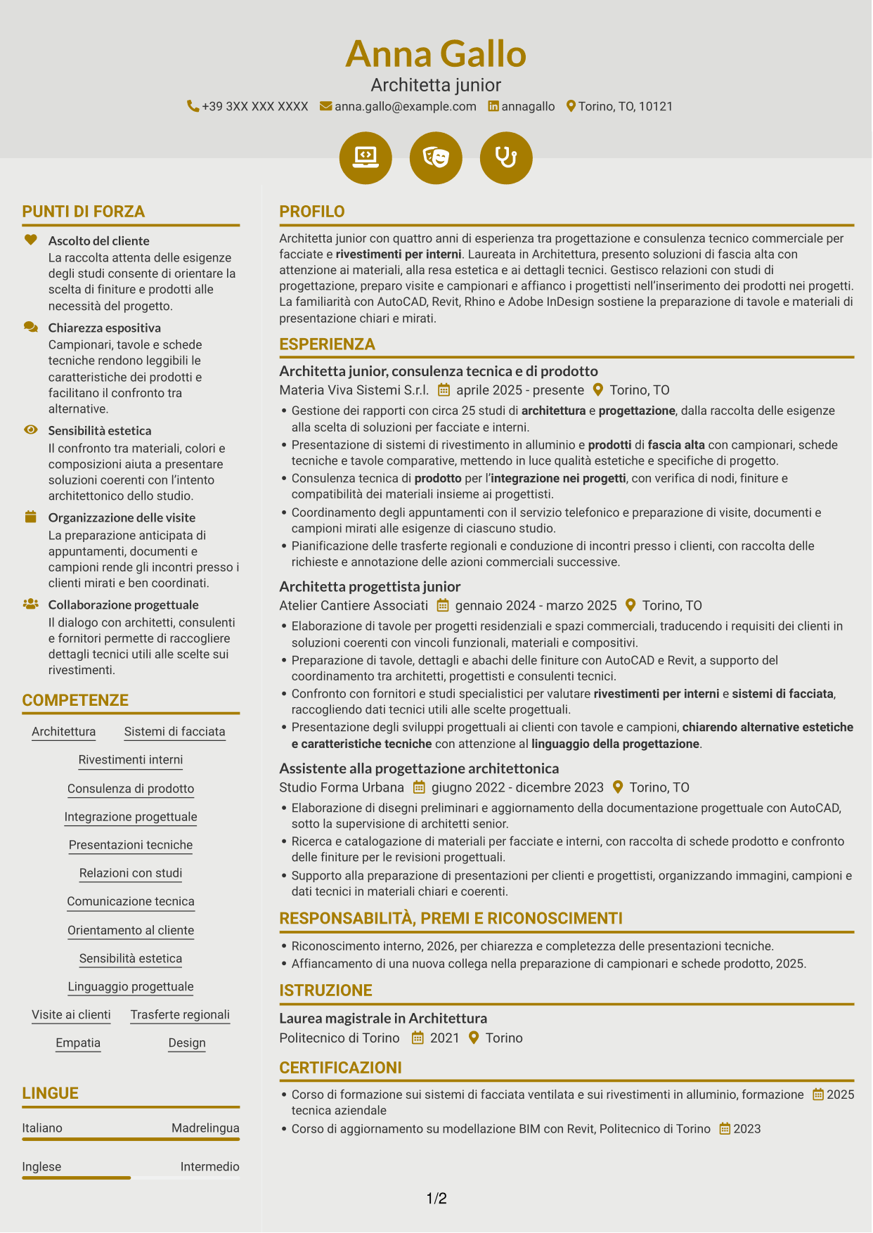 CV Dinamico (formato a due colonne con icone): Architetto Junior - Facciate e rivestimenti, pagina 1