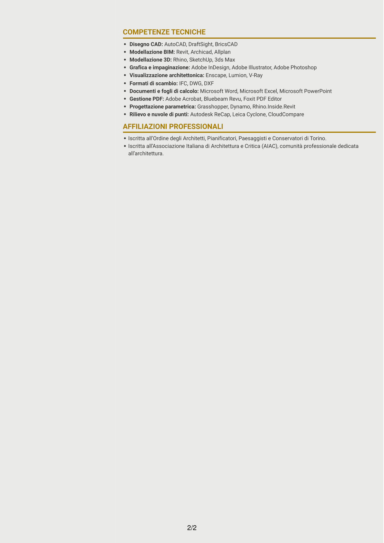 CV Dinamico (formato a due colonne con icone): Architetto Junior - Facciate e rivestimenti, pagina 2