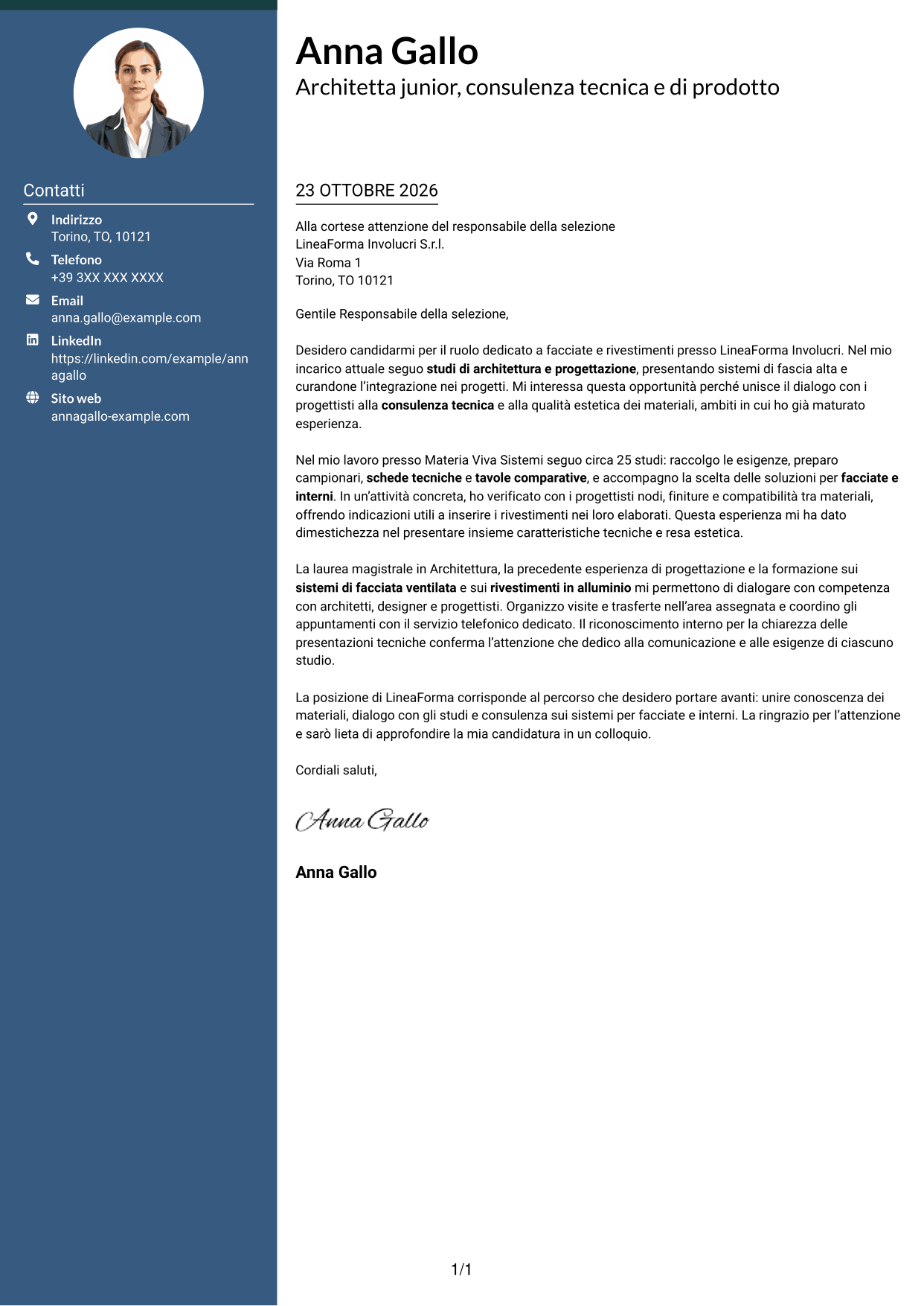 Lettera di presentazione Elegante (formato con colonna laterale colorata e foto): Architetto Junior - Facciate e rivestimenti, pagina 1