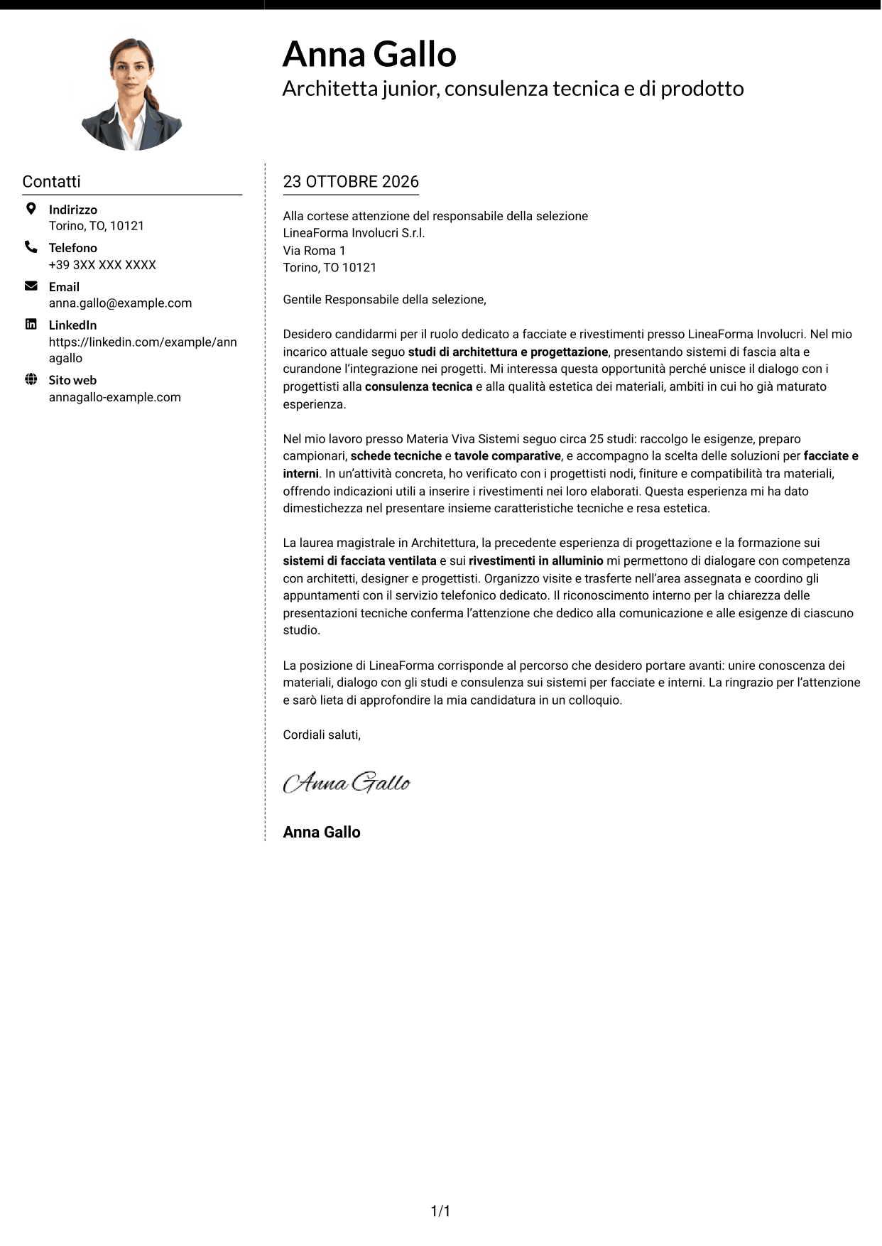 Lettera di presentazione Moderno (formato a due colonne con foto a sinistra e separatore): Architetto Junior - Facciate e rivestimenti, pagina 1