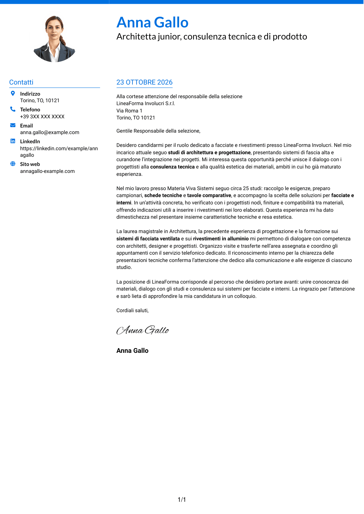Lettera di presentazione Audace (formato a due colonne con accenti colorati e foto): Architetto Junior - Facciate e rivestimenti, pagina 1